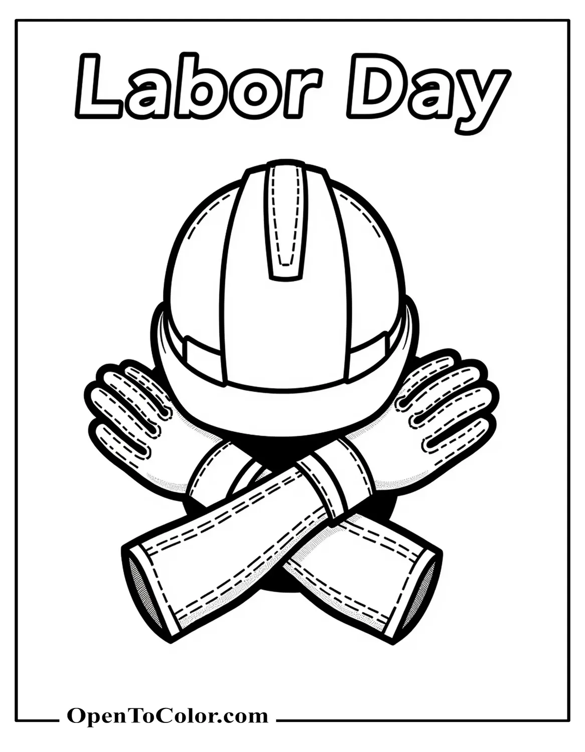 Coloring Sheet of a Hard Hat Resting on Crossed Work Gloves with "Labor Day" in Empty Big Letters Above, Printable