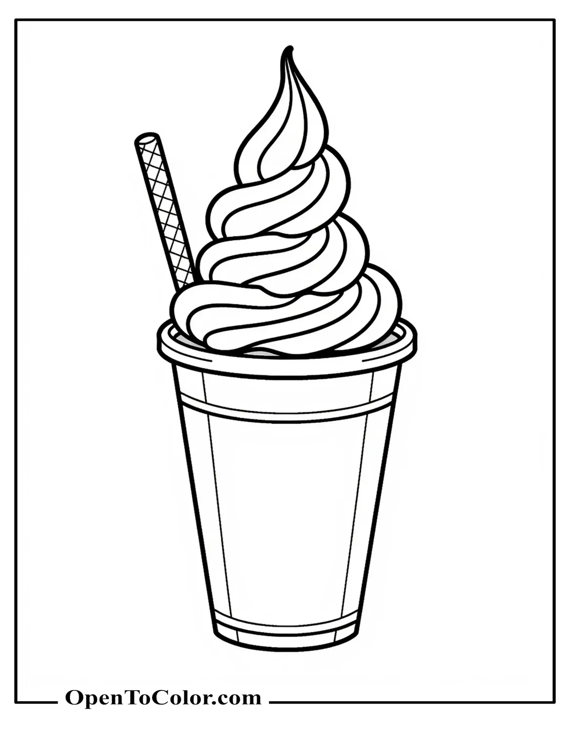 A simple soft-serve swirl in a cup with a single wafer stick, clean curves and thick outlines, printable coloring sheet.