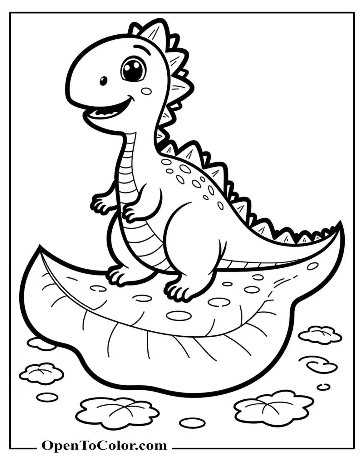 Tiny Dinosaur Perched On A Big Leaf With Dew Drops, Free Coloring Sheet