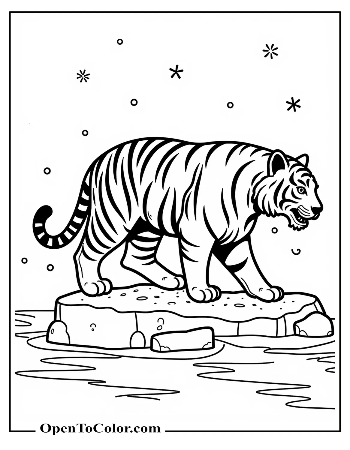 Free Coloring Sheet of Snow Tiger Stepping Across Icy Stones With Snowflakes Falling
