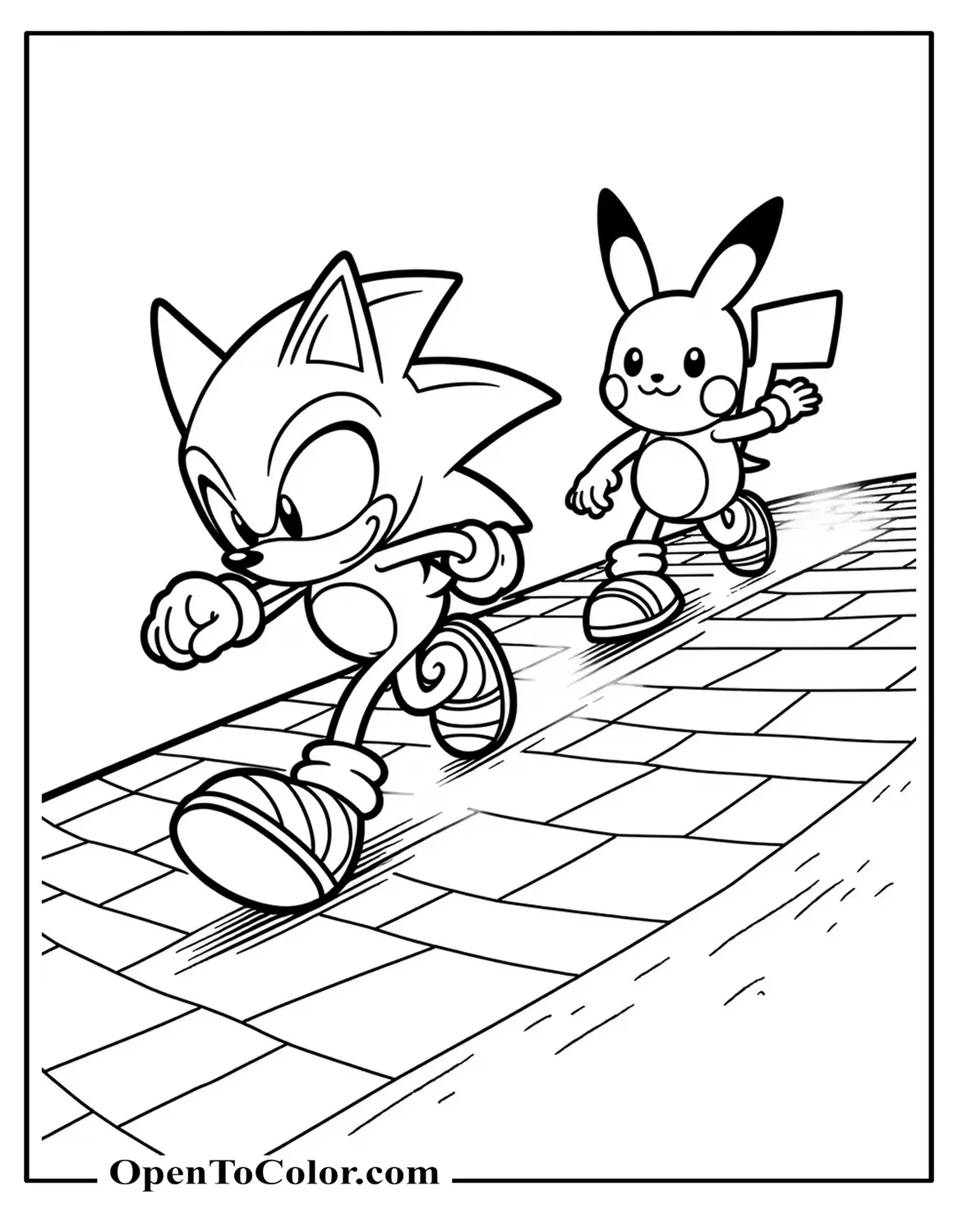 Sonic and Pikachu coloring sheet racing side by side checkerboard hill and loop silhouette PDF
