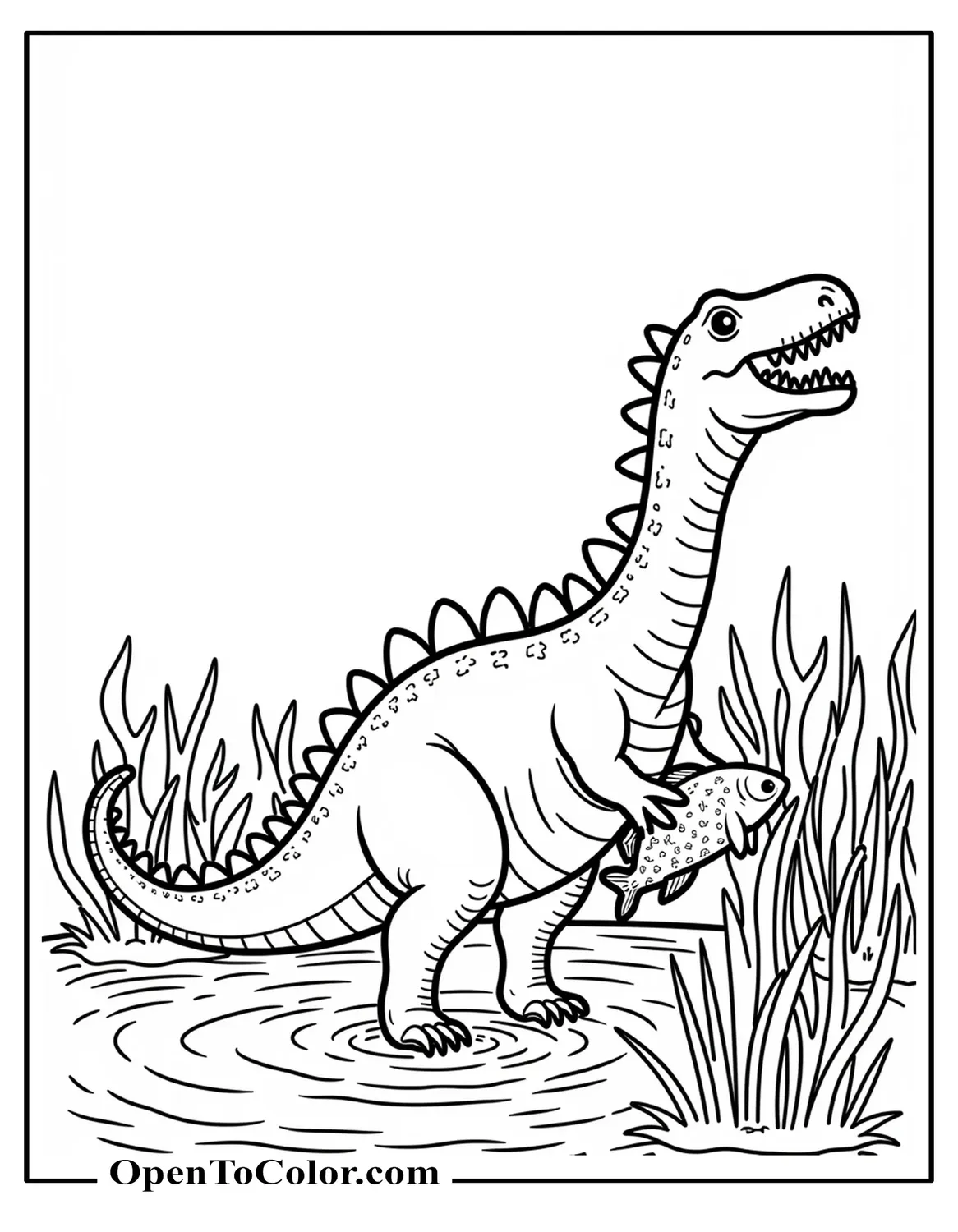 Printable Coloring Sheet of Spinosaurus Catching a Fish Near Tall Reeds