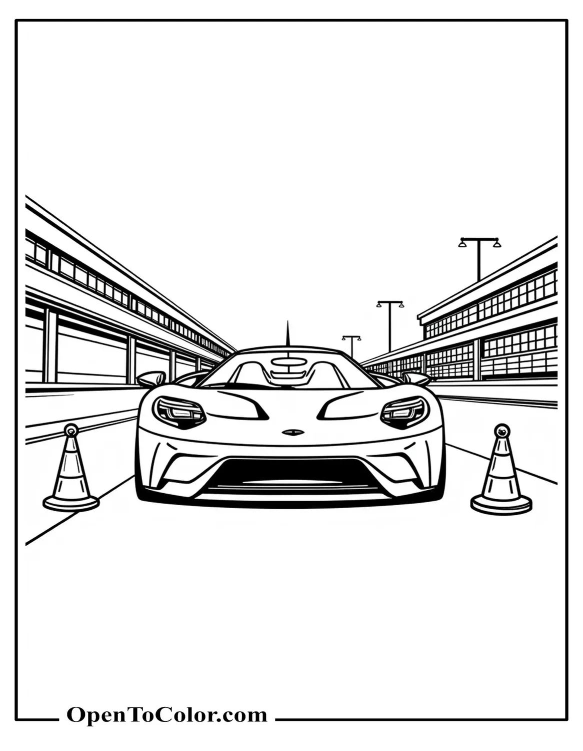 Printable Coloring Page of Low Sports Car Front View at a Pit Lane with Two Cones and Pit Wall