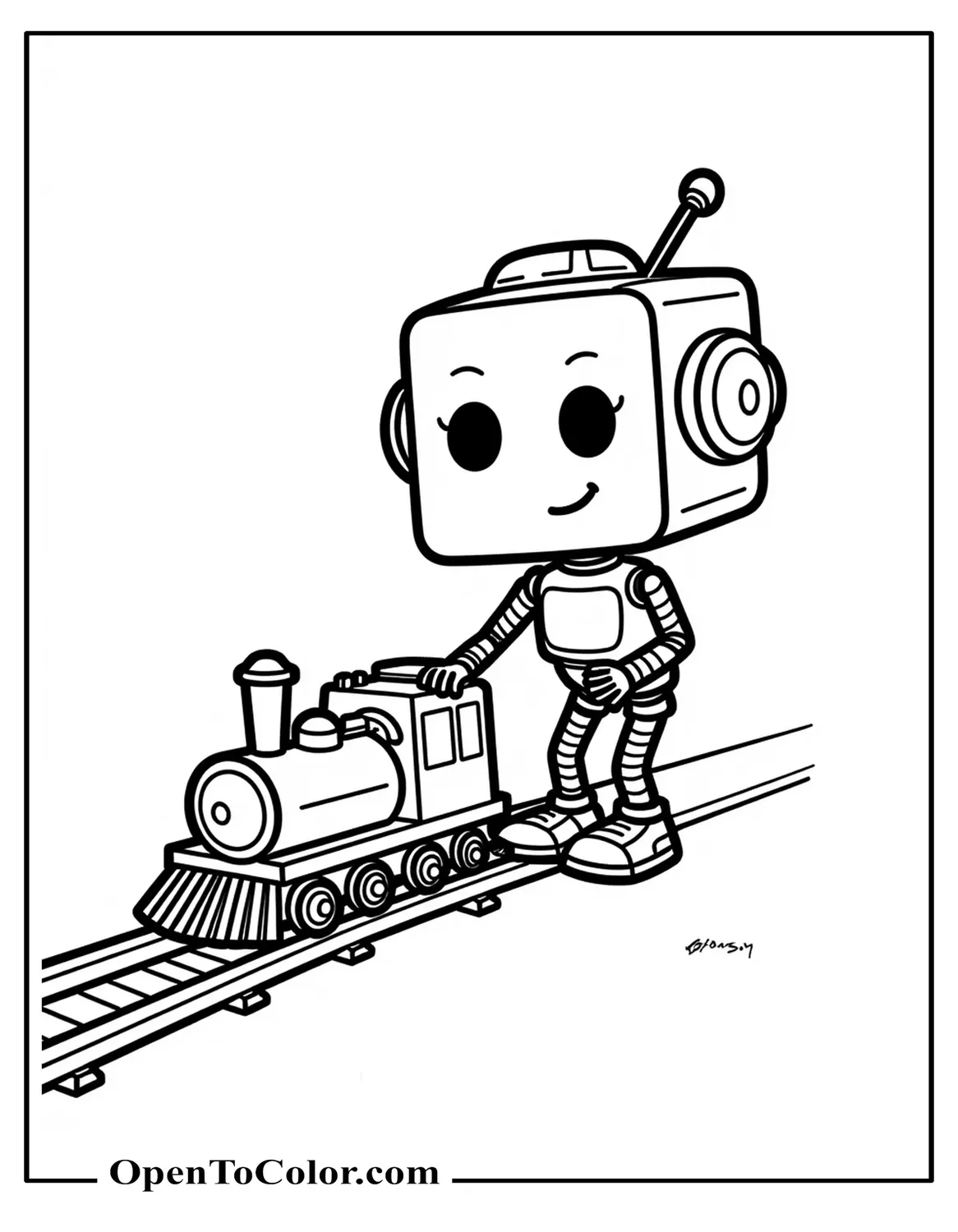 Square toy robot pushing a miniature toy train across floor coloring page PDF