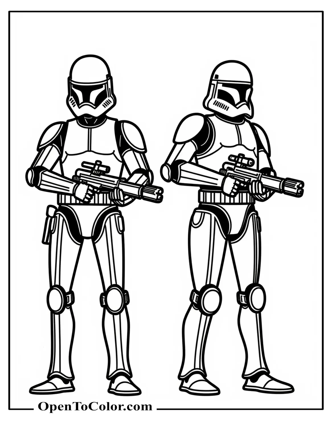 Two Star-War Battle Droids Standing Guard With Blasters Lowered Free Coloring Page