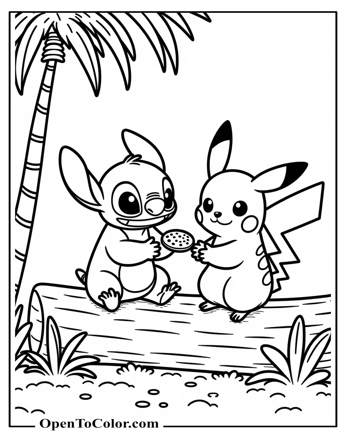Coloring Page of Stitch and Pikachu Sitting on a Log Sharing a Cookie, Printable, Palm Tree Silhouette