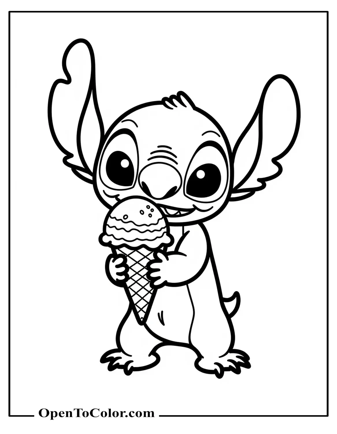 Stitch Licking a Single-Scoop Ice Cream Cone Coloring Page Printable