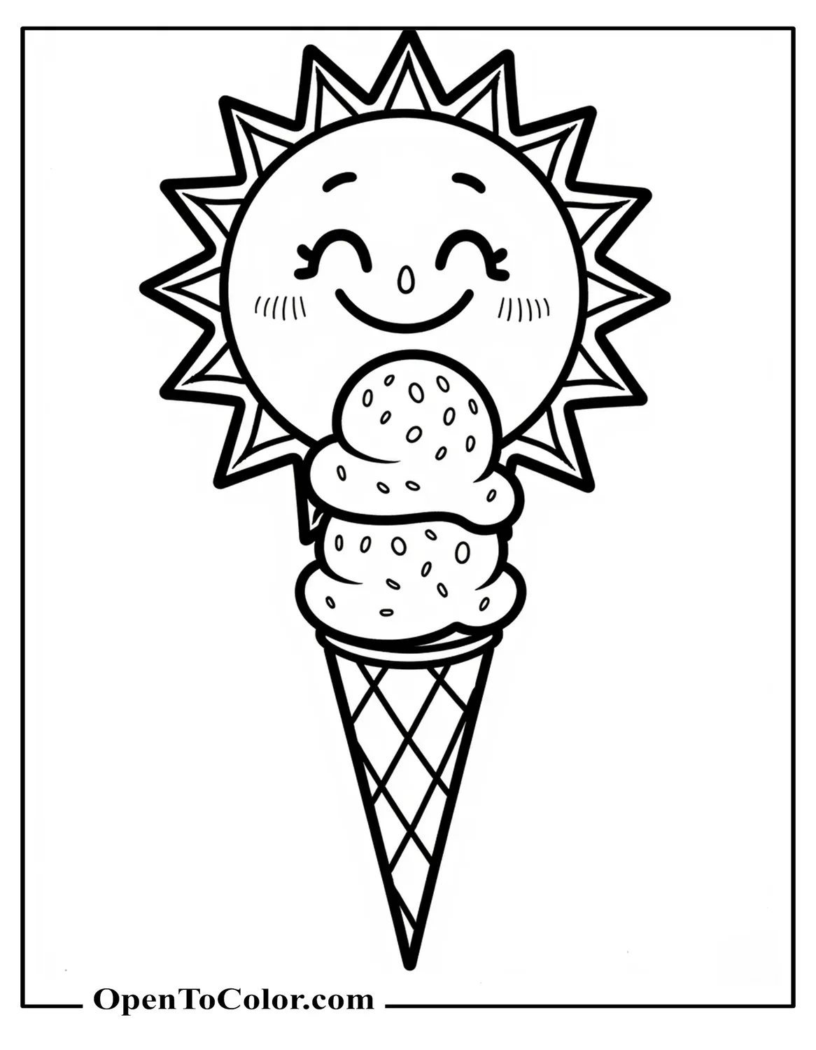 Big smiling sun above a single ice cream cone coloring page PDF