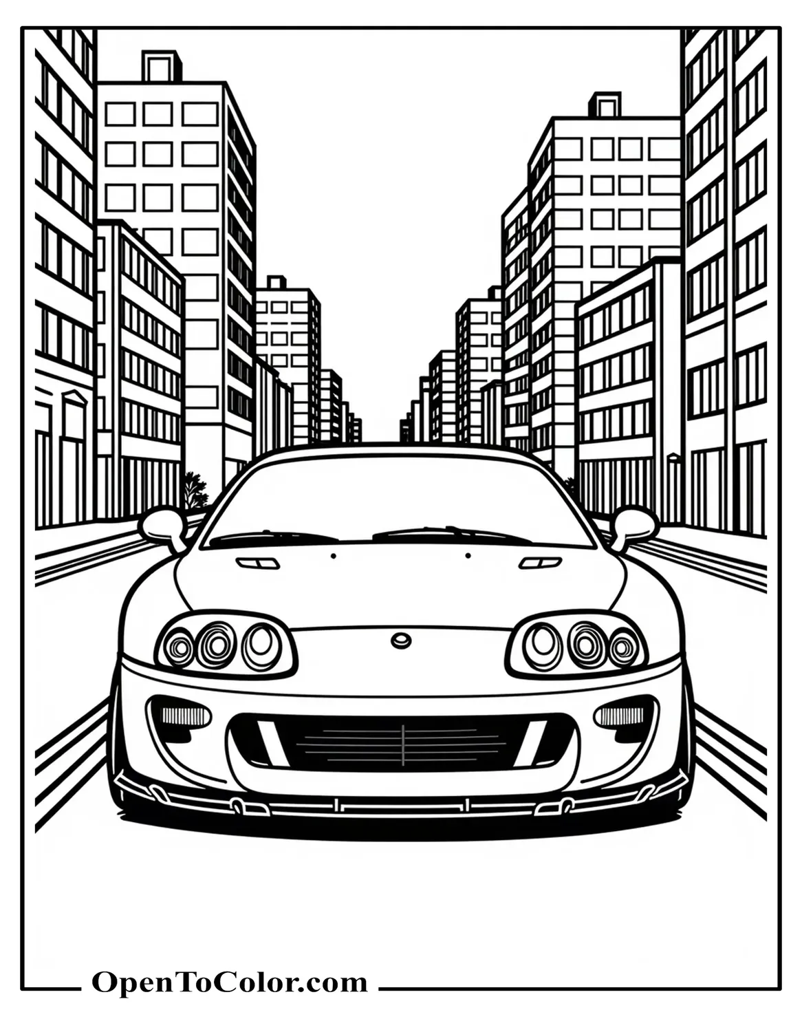 Printable Coloring Page of Supra Sports Car Front View on a City Street with Skyscrapers