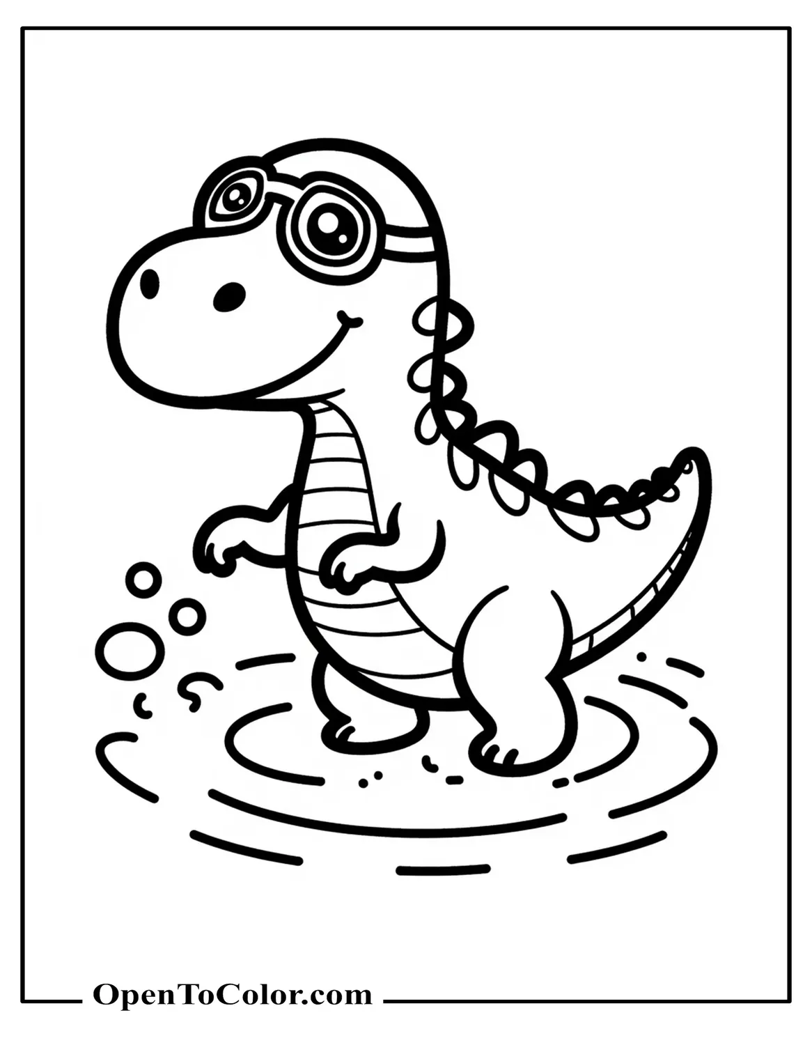 Free Coloring Page of Cartoon Dinosaur Doing Backstroke with Goggles and Small Waves