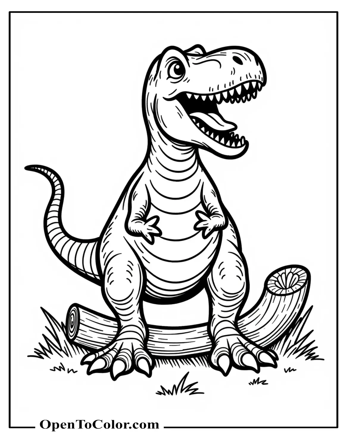 T Rex Mid Roar Coloring Page PDF With Tiny Arms Up Near A Broken Log