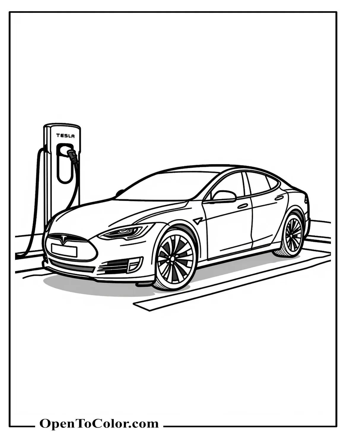 Tesla Model S side view coloring page PDF, plugged into a charging station with cable loop
