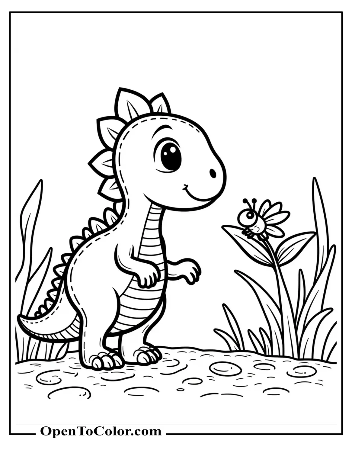 Printable Coloring Sheet of a Gentle Young Dinosaur Watching a Firefly on a Leaf