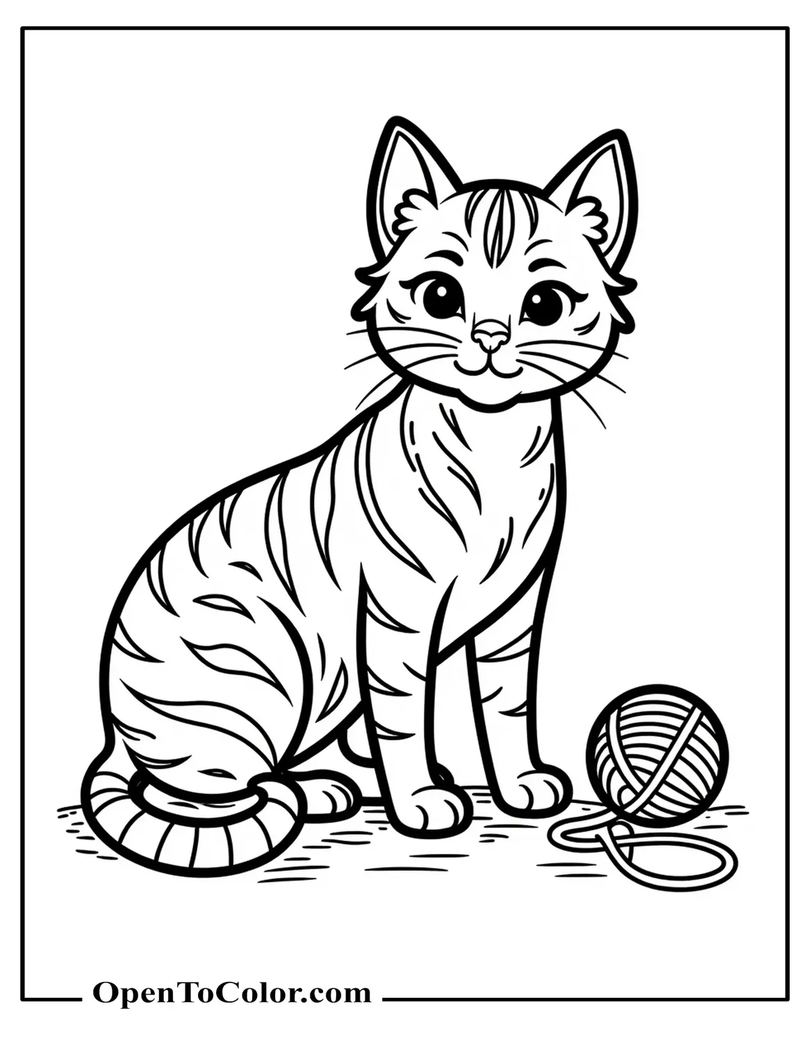 Coloring Sheet PDF of Tiger Cat Domestic Cat Body With Small Tiger Stripes Playing With Yarn