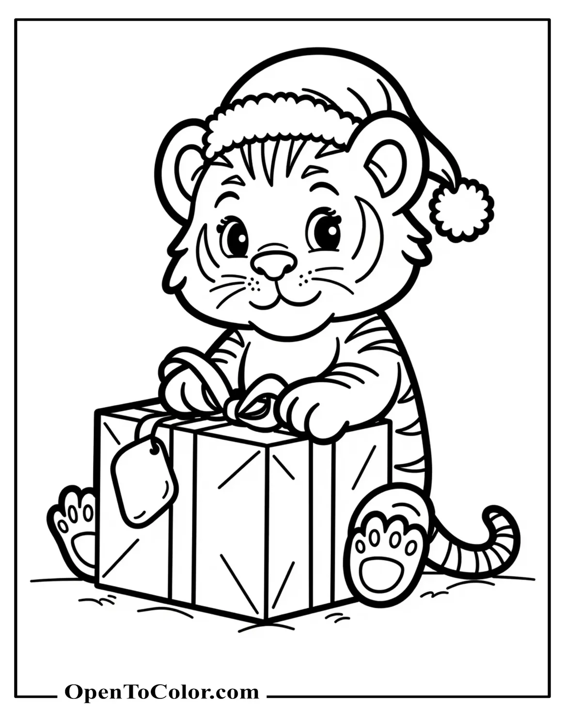 Printable Tiger Christmas Coloring Page Wrapping a Present With Ribbon and a Tag
