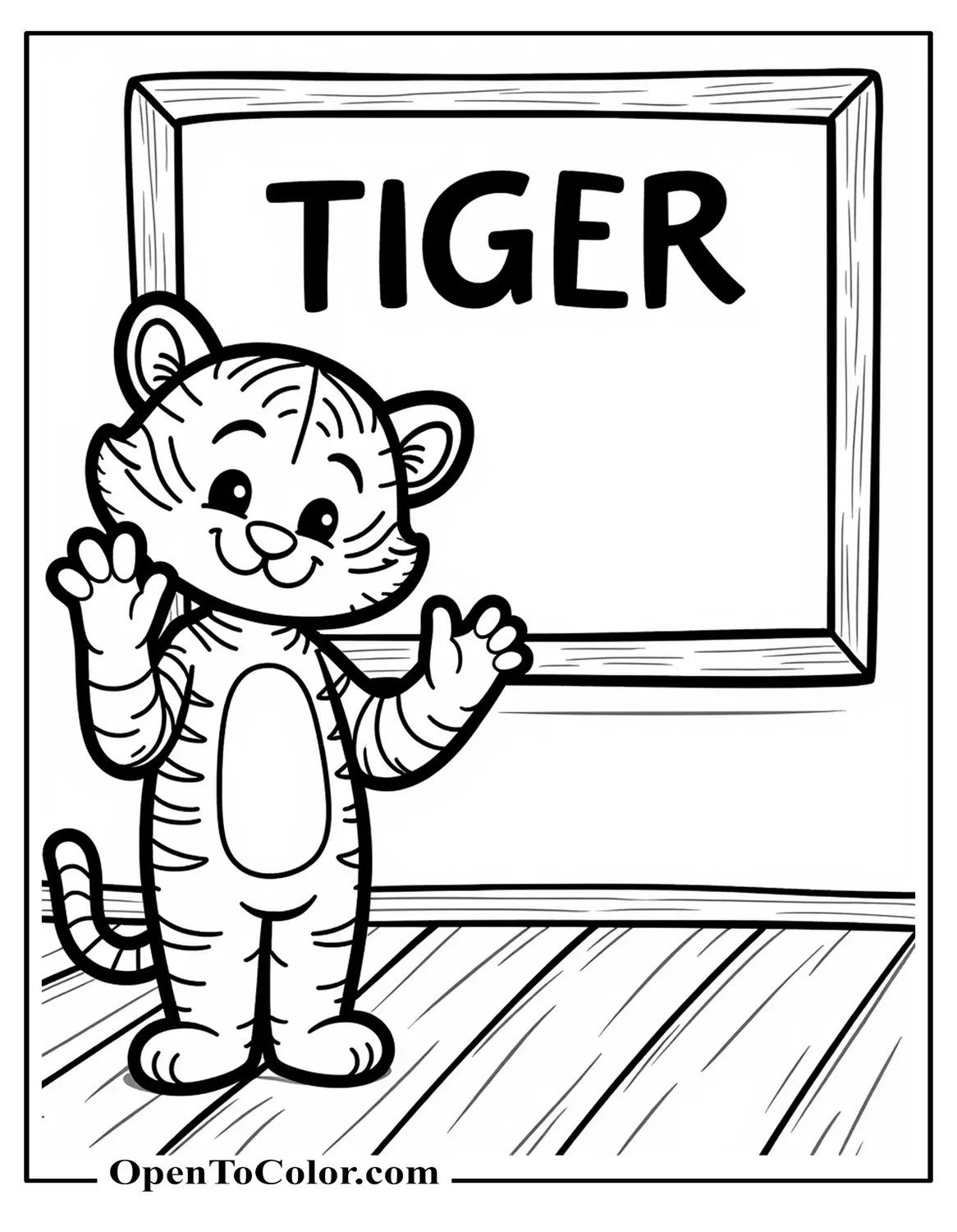 Tiger waving near a school chalkboard that says "Tiger" in big letters, printable coloring sheet.