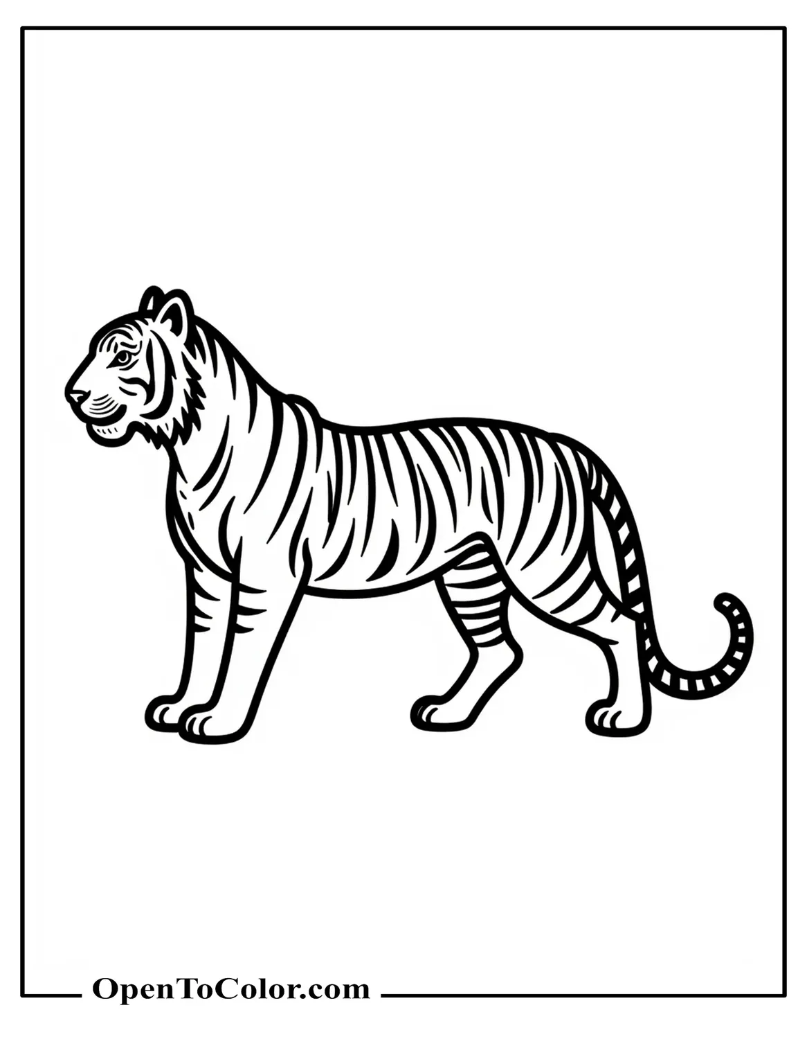Tiger outline side view silhouette with inner guide lines coloring sheet PDF