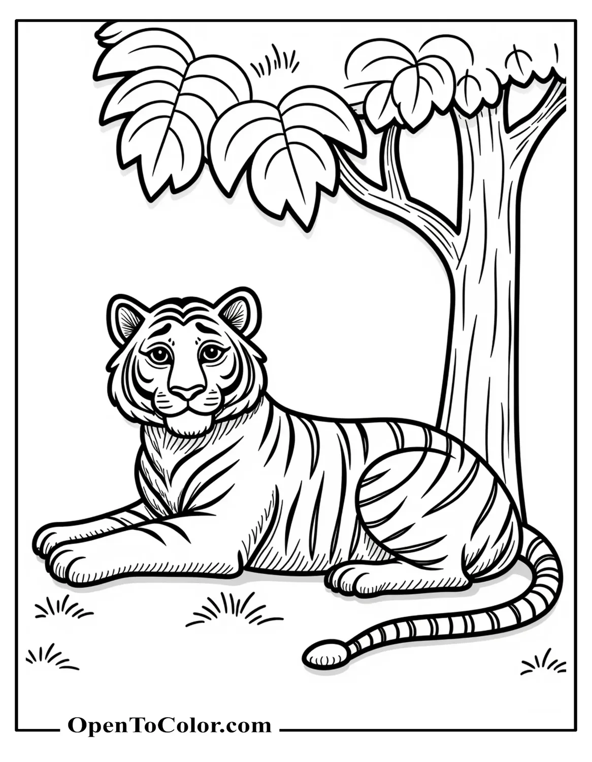 Tiger Lying Under A Tree With Two Large Leaves In The Corner Coloring Page PDF