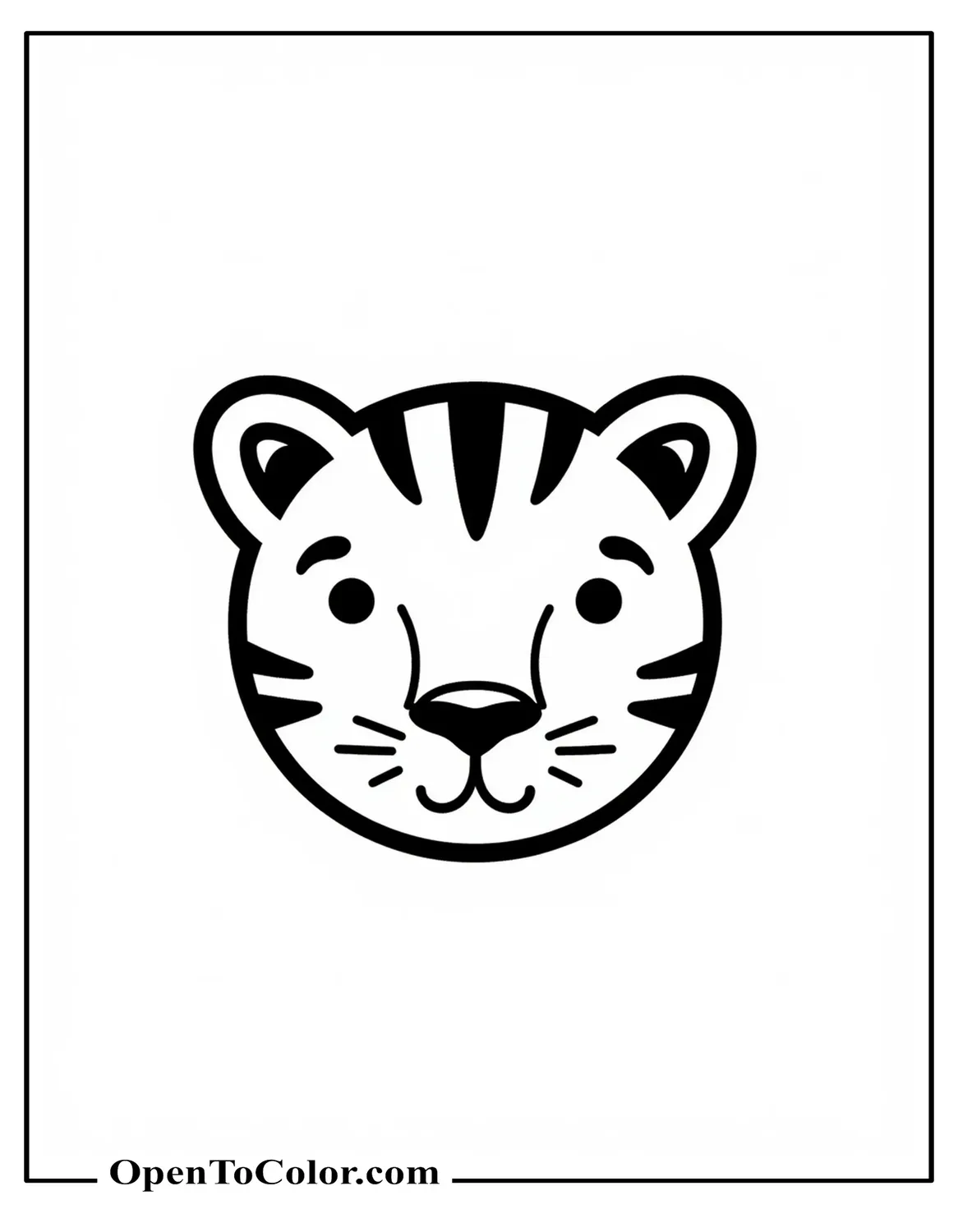 Tiger emoji style face coloring sheet, simple circle head with ears and small mouth, printable.