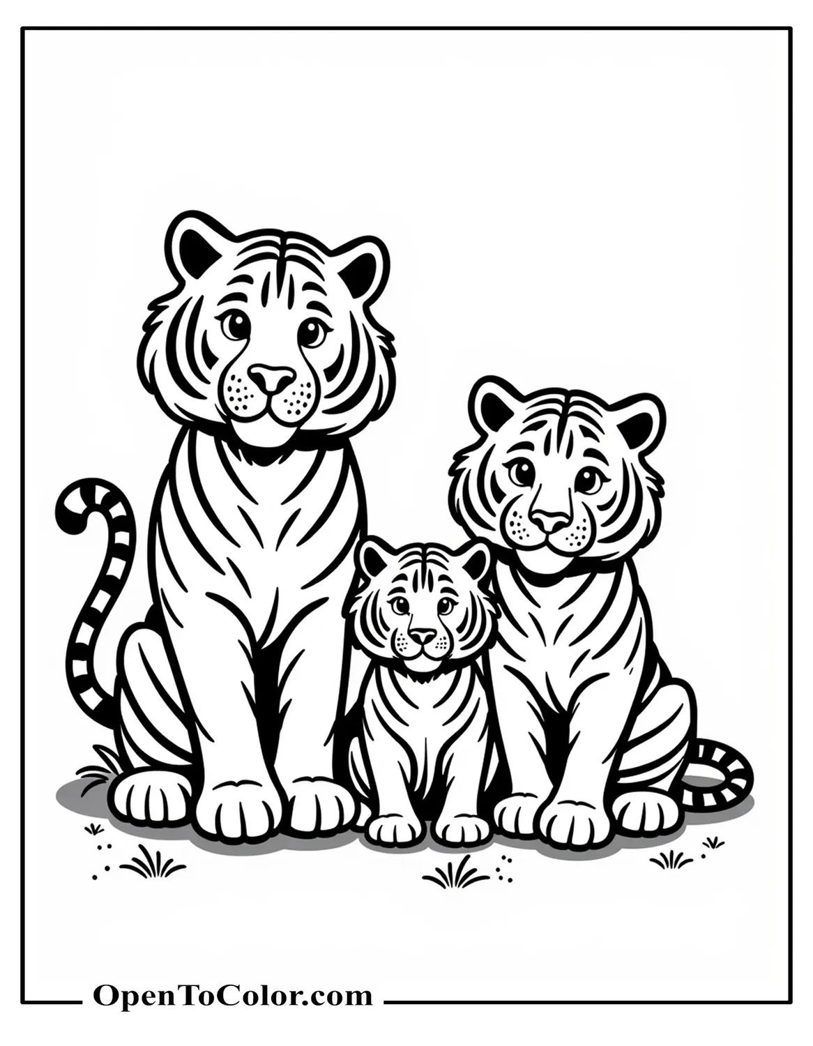 Tiger family coloring page, printable, two adults with one cub between them, gentle poses