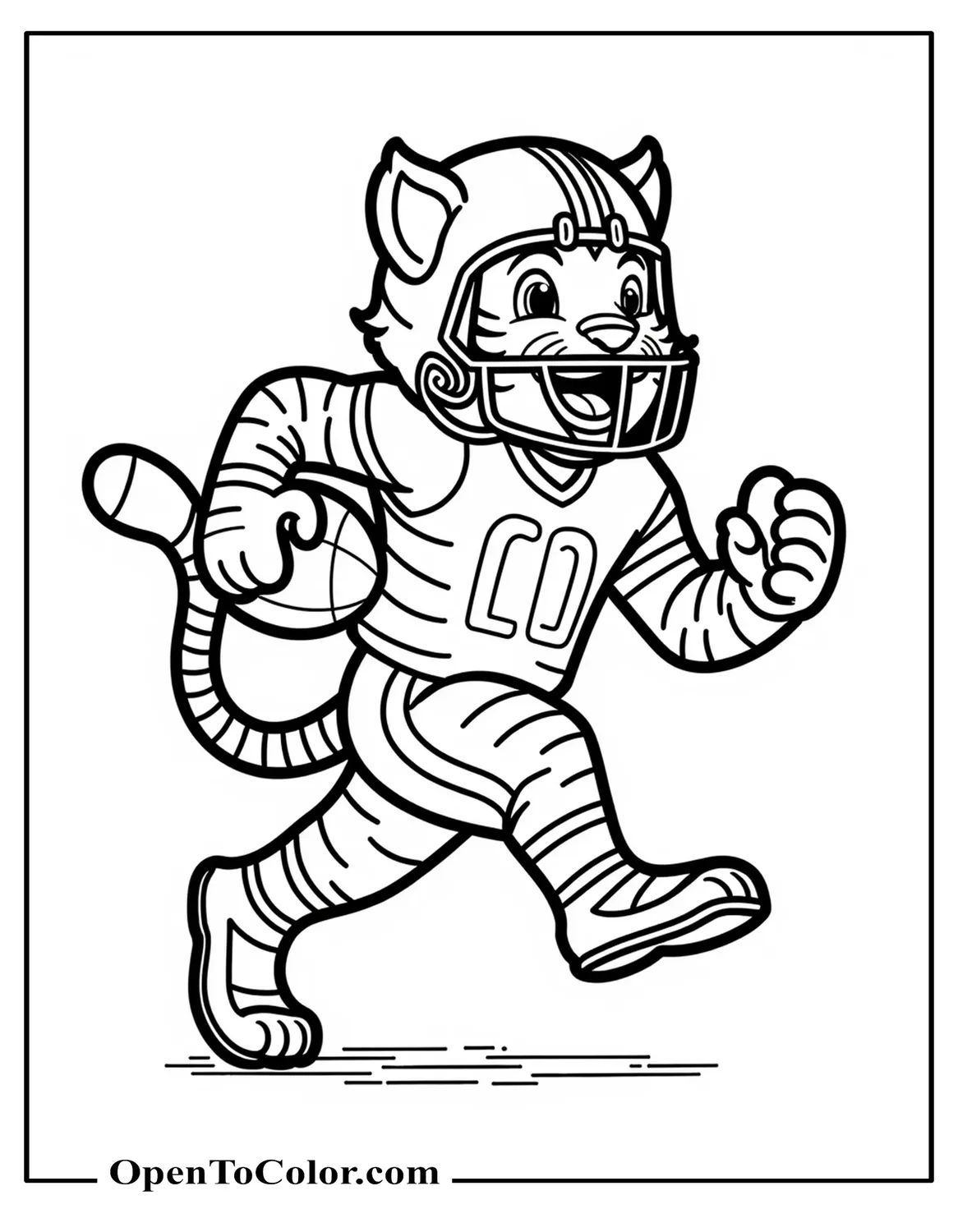 Printable coloring page of a tiger wearing a football helmet running with a ball.
