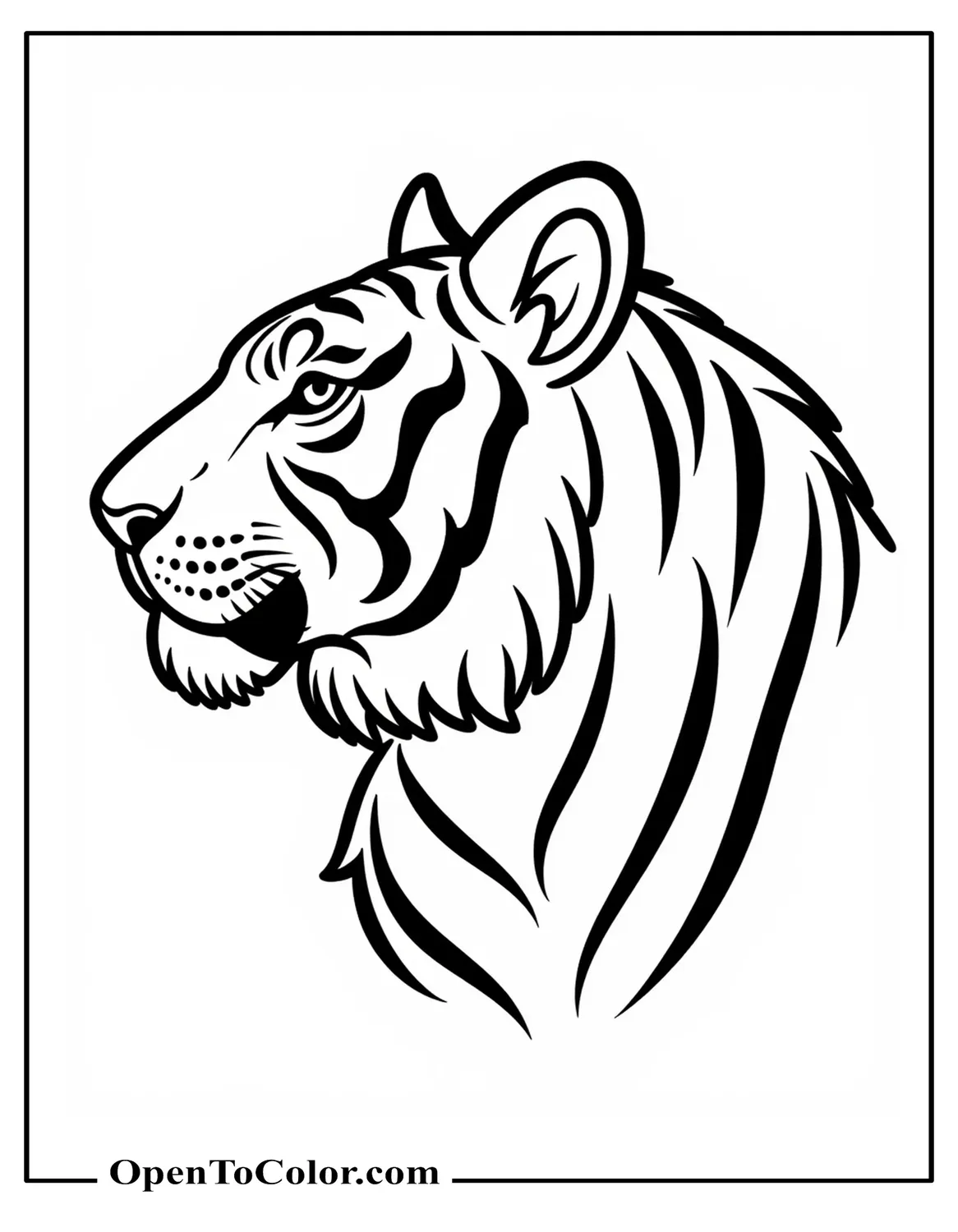 Free Coloring Sheet of Tiger Head in Profile with Bold Stripes and Ear Detail