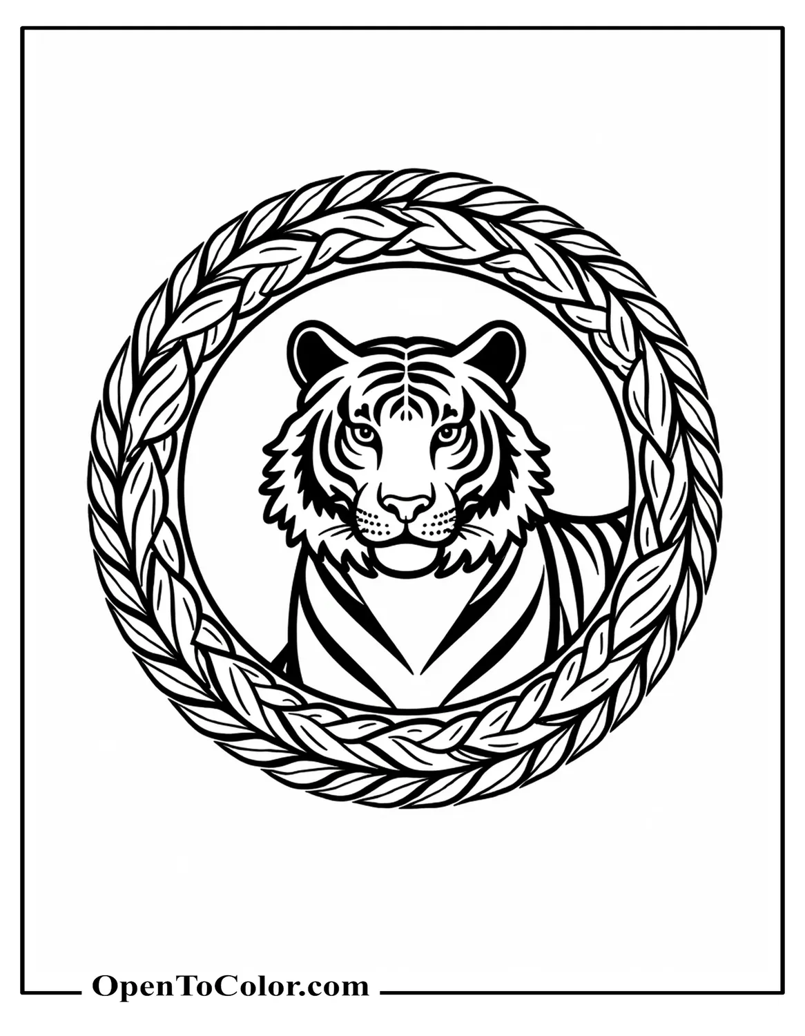 Free Coloring Page of a Tiger Inside a Circular Mandala Frame with Repeating Leaf Patterns