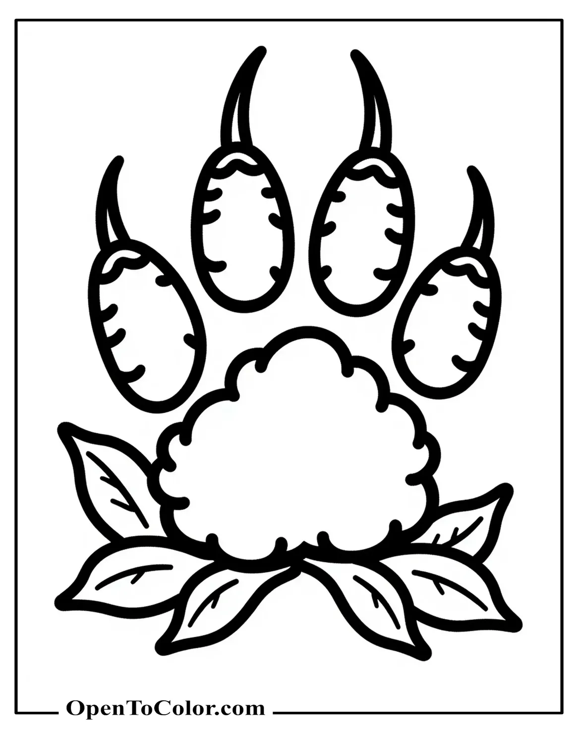 Free Coloring Sheet of Tiger Paw Print Large with Pads and Claws, Little Leaves Around