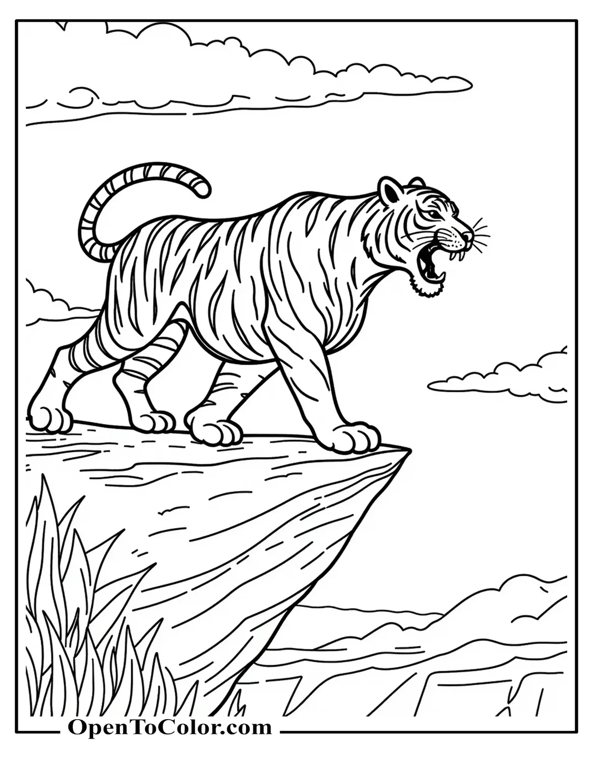 Free Coloring Sheet: Tiger Roaring on a Cliff Side View with Echo Lines in the Sky
