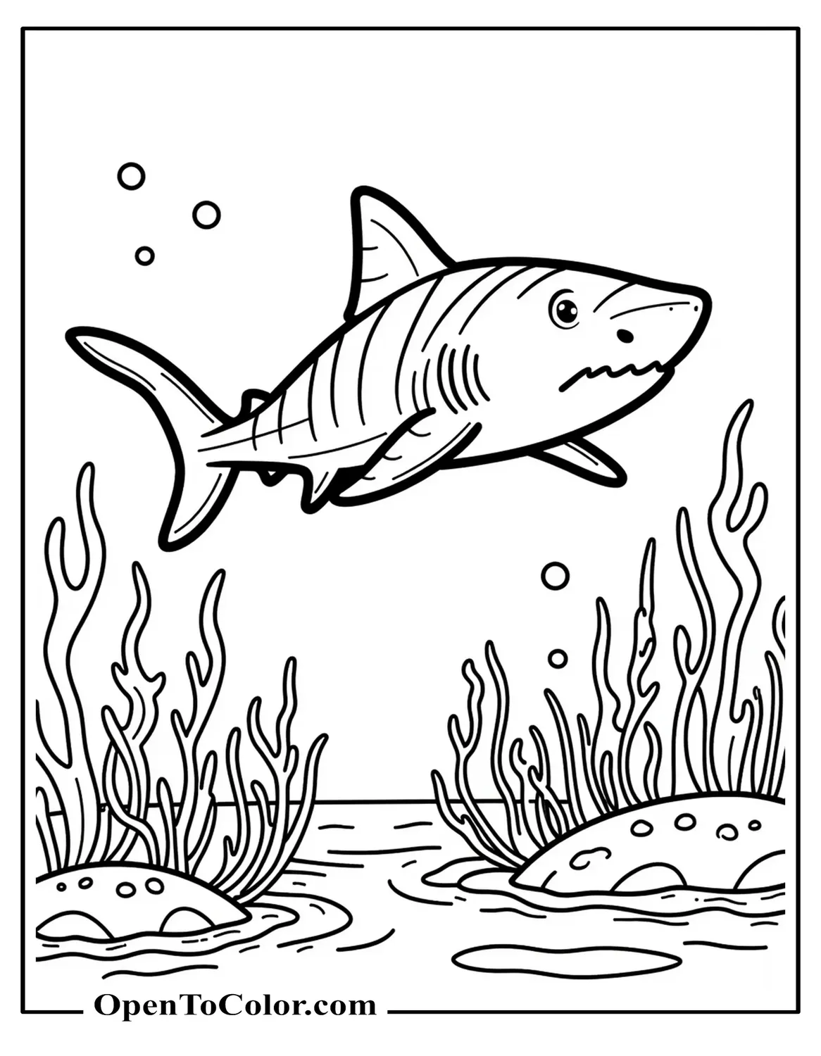 Tiger Shark Swimming Near Coral And Seaweed With Small Bubbles, Printable Coloring Page