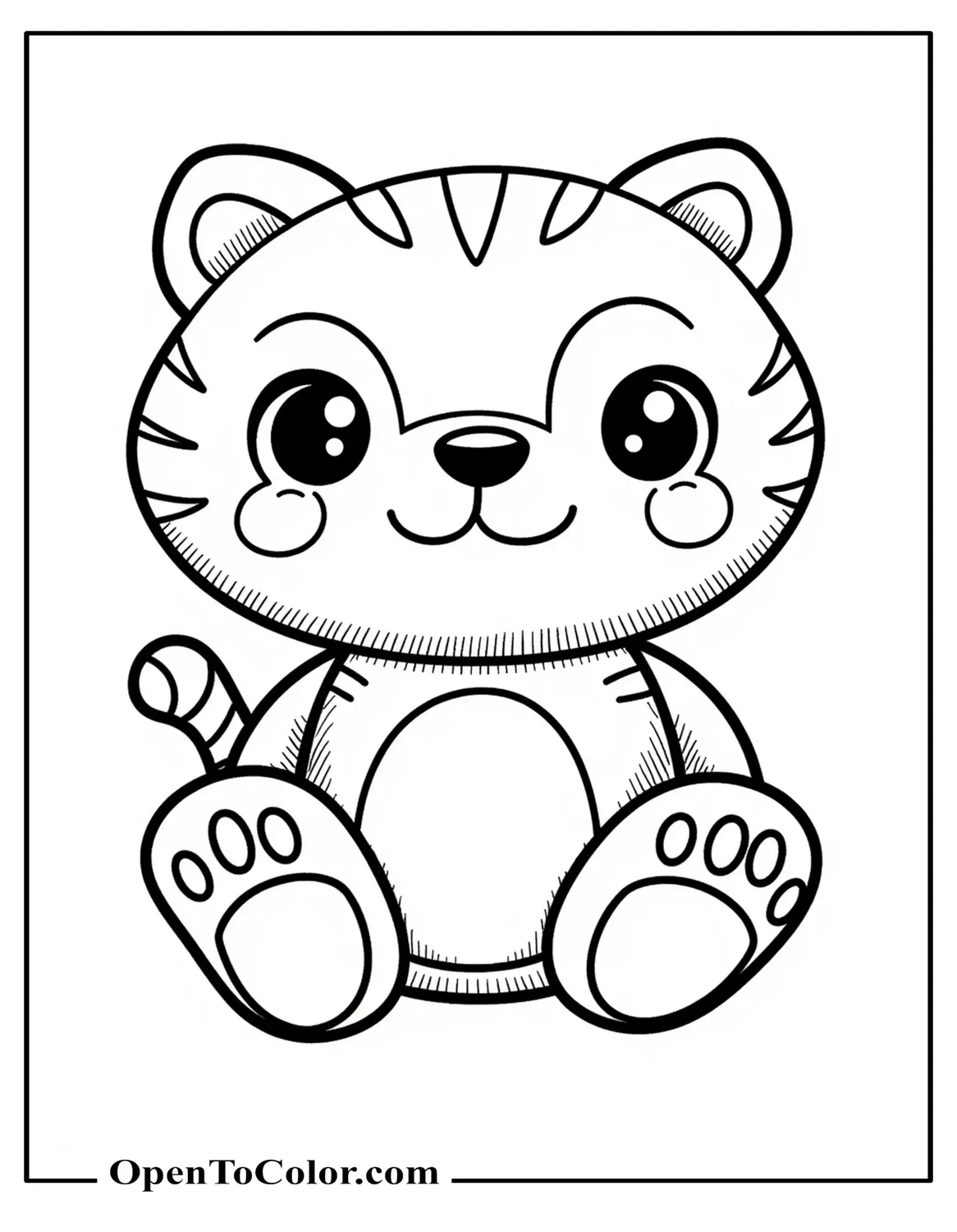 Free Coloring Page of Squishmallow Style Plush Tiger Sitting with Tiny Limbs