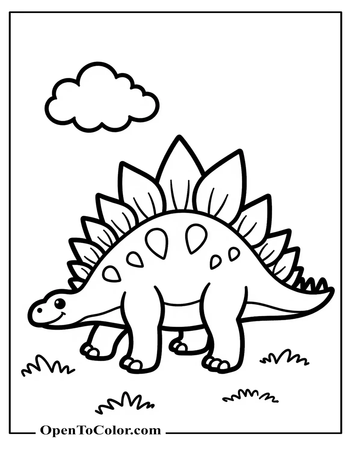Very round Stegosaurus coloring page with big shapes under a single cloud, PDF.