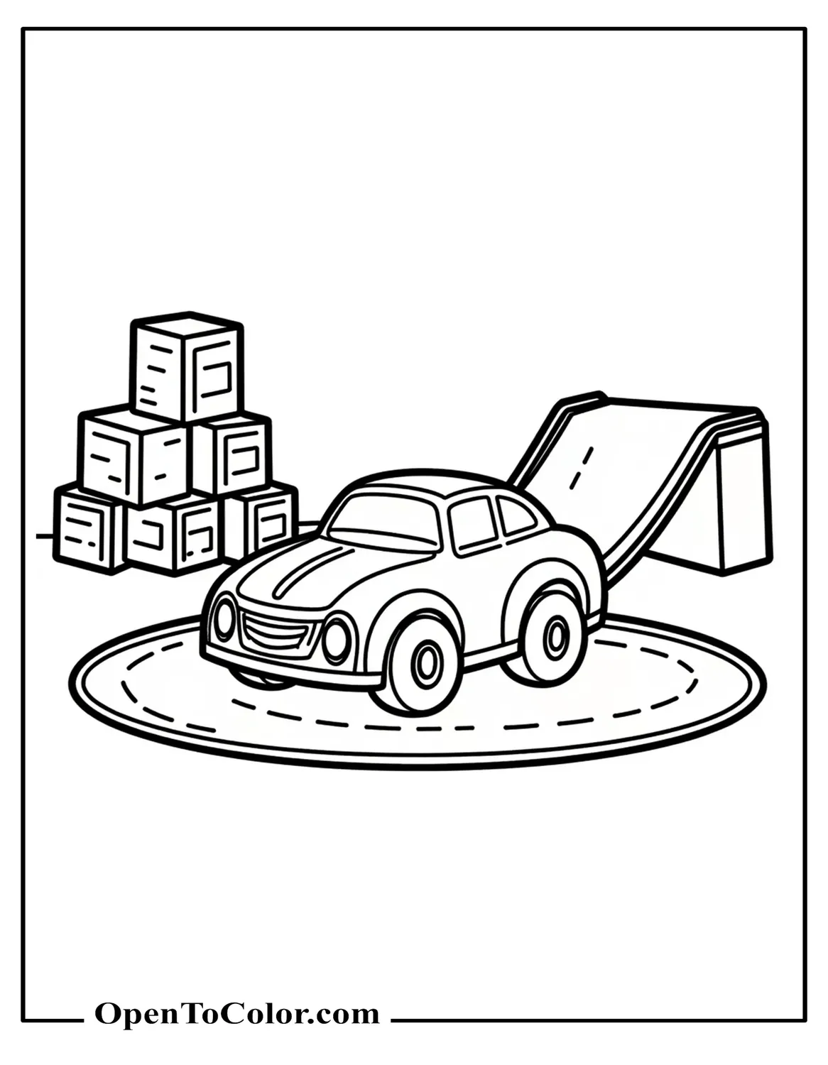 Pull-back toy car on a rug next to stacked blocks and a toy ramp coloring page PDF