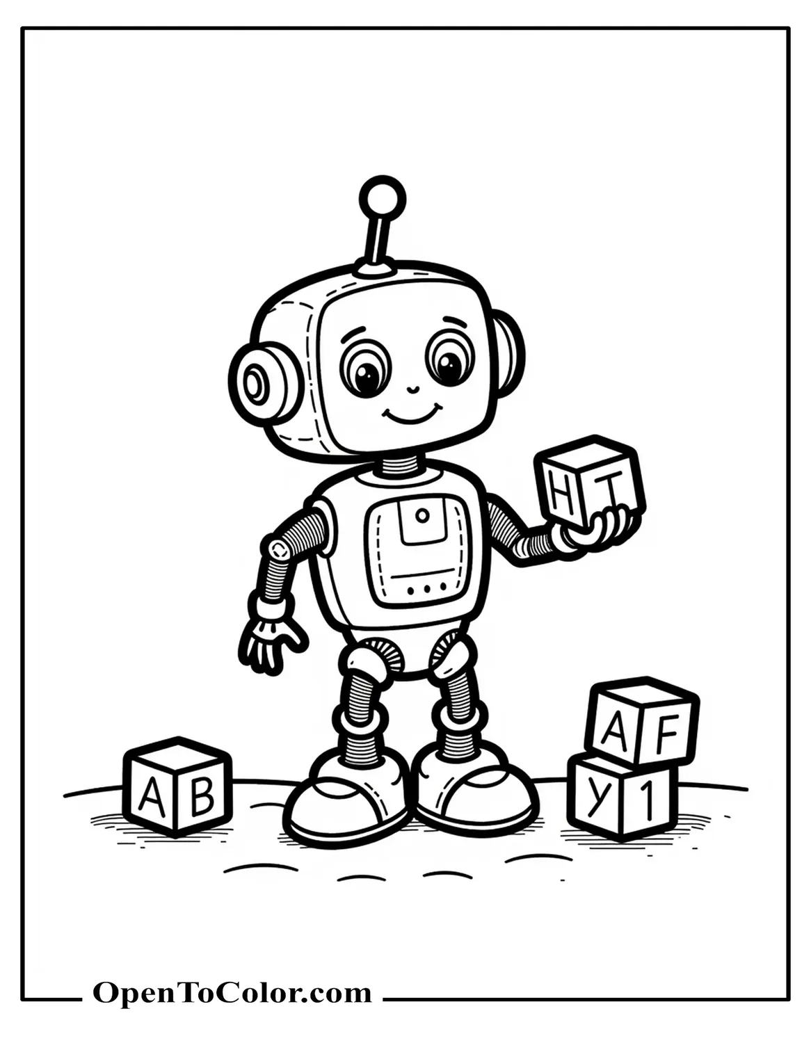 Printable Coloring Sheet of Simple Preschool Toy Robot Offering Alphabet Blocks