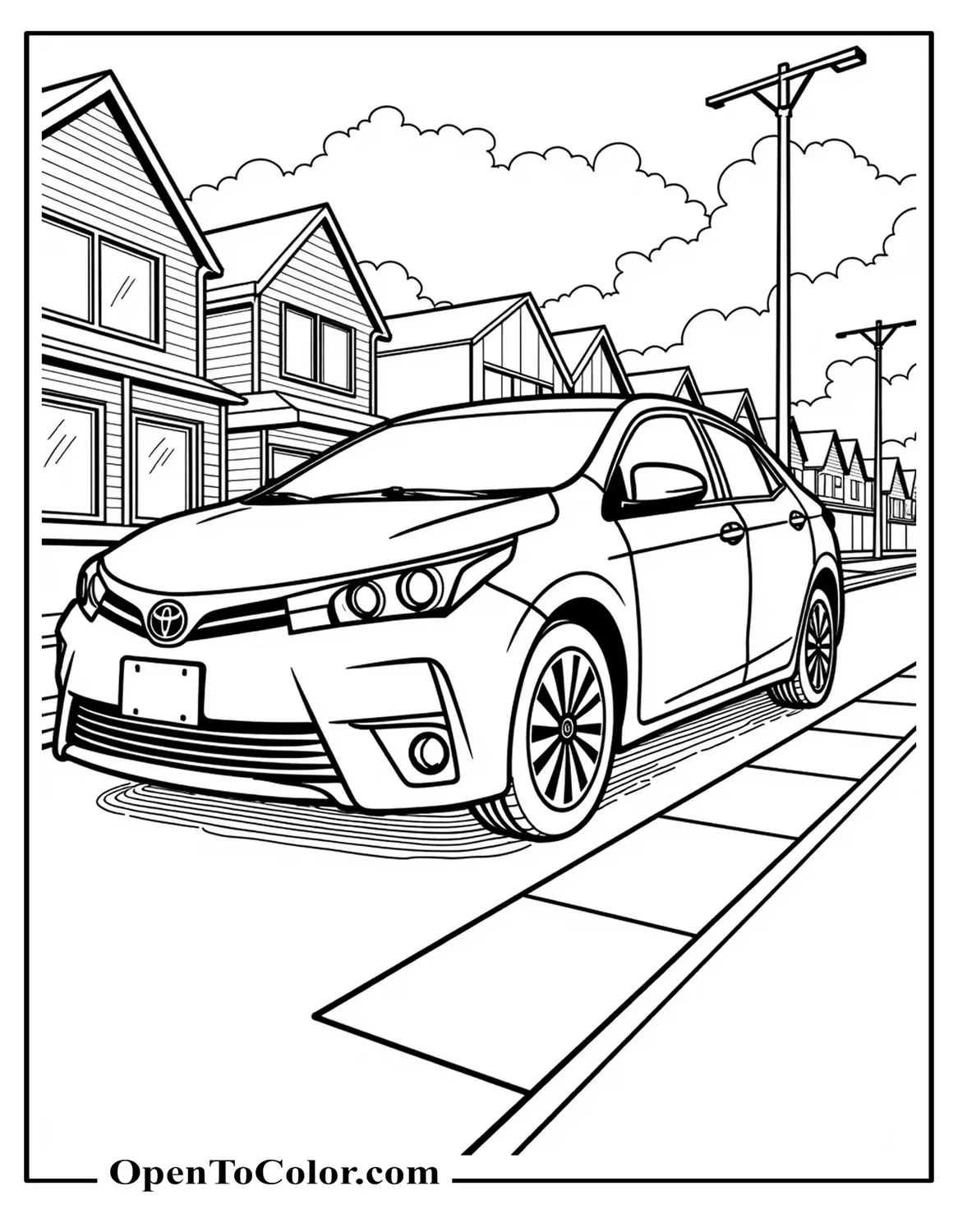 Printable coloring sheet of a Toyota Corolla sedan on a neighborhood street with a crosswalk.