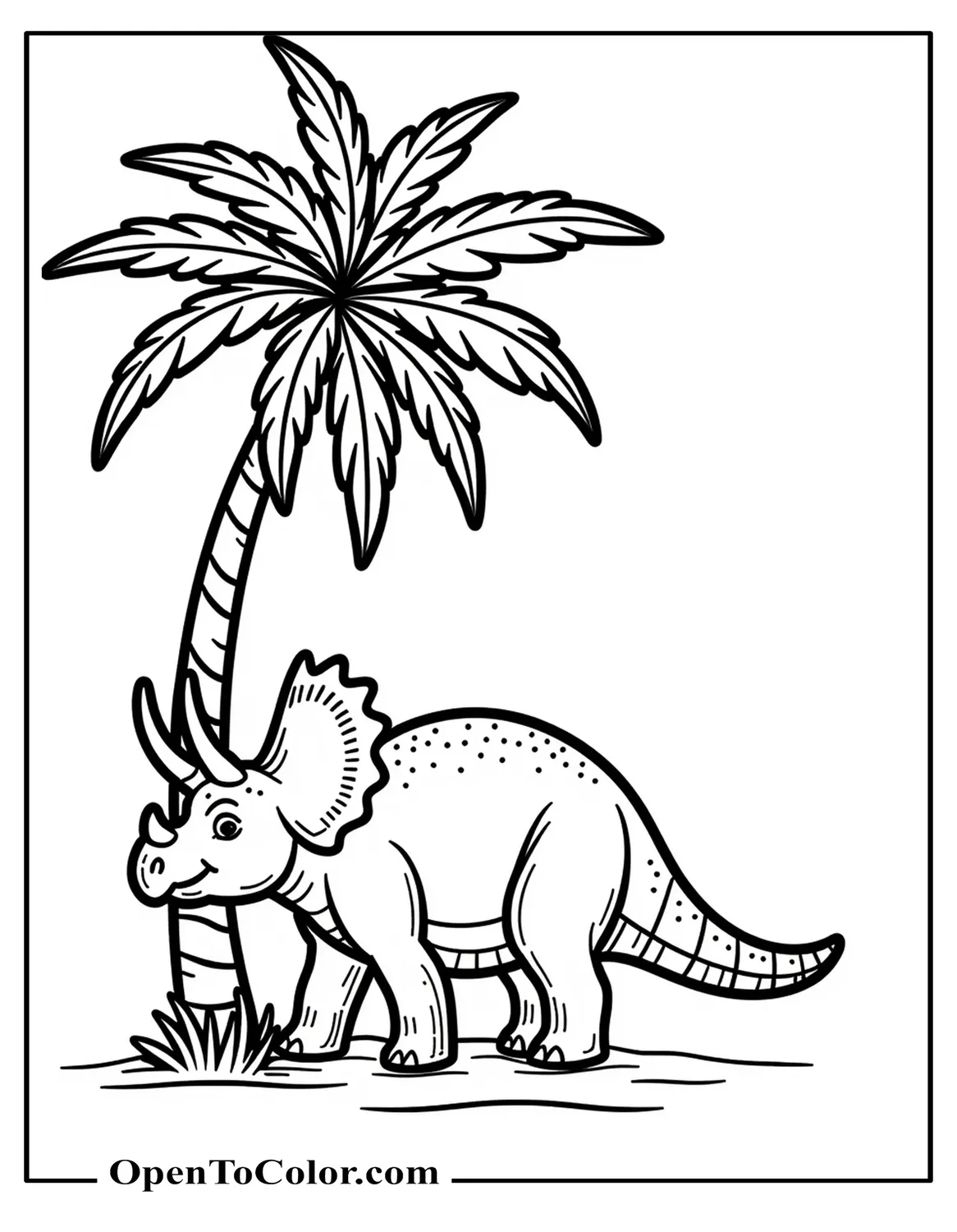 Free Coloring Page of Triceratops Resting Under a Short Palm