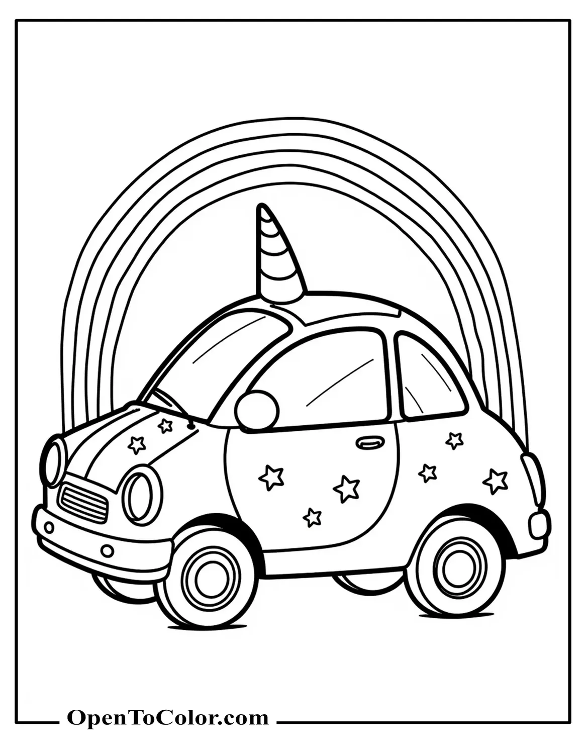 Small Car With A Unicorn Horn On The Hood And Star Decals Beneath A Rainbow Arch, Coloring Page PDF
