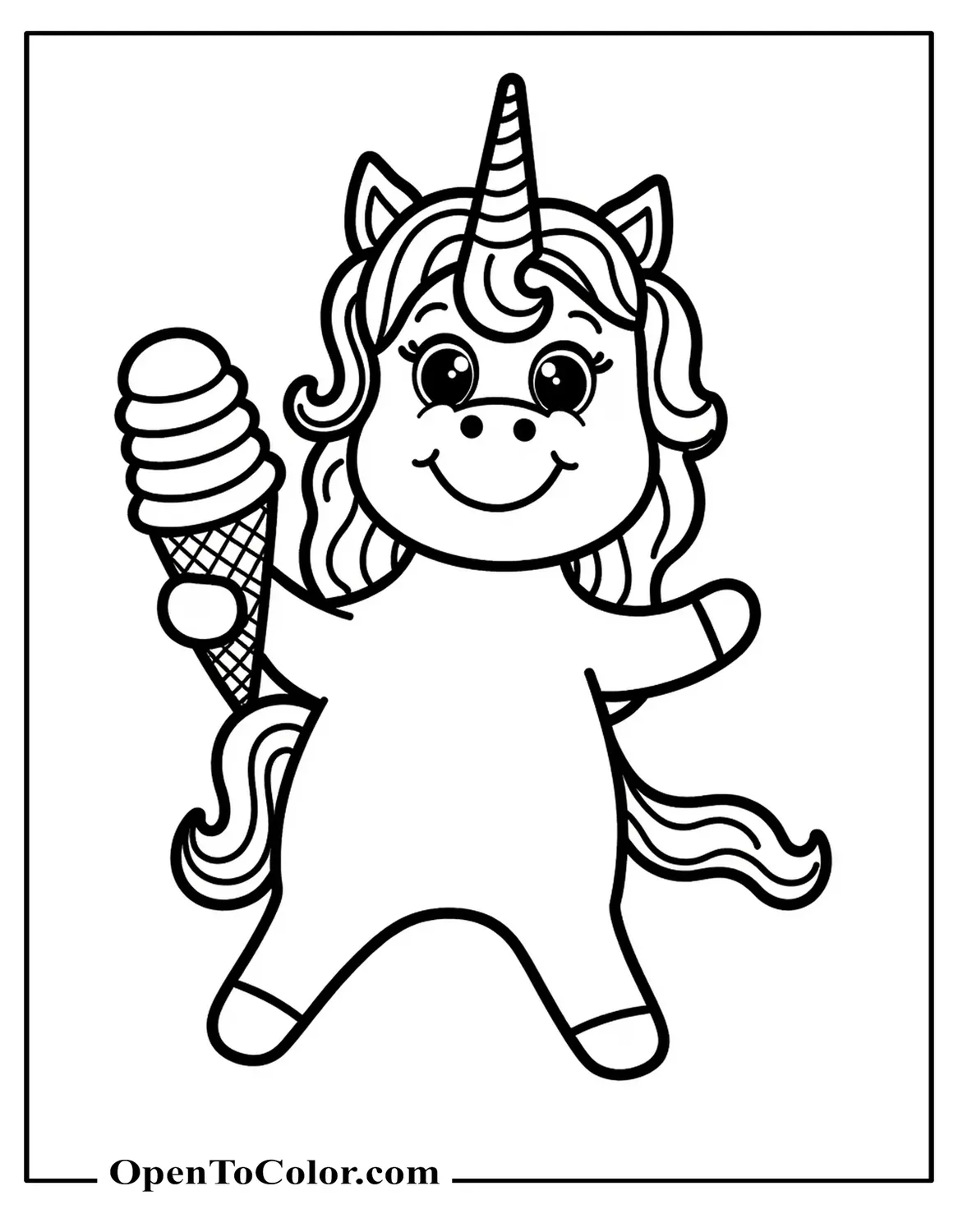 Free Coloring Sheet of a Happy Unicorn Holding an Ice Cream Cone with One Scoop