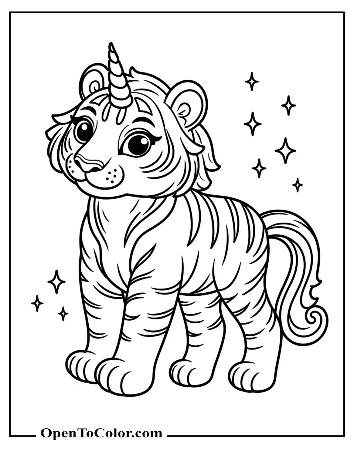 Unicorn Tiger Hybrid Coloring Page PDF Tiger With A Small Horn And Sparkles
