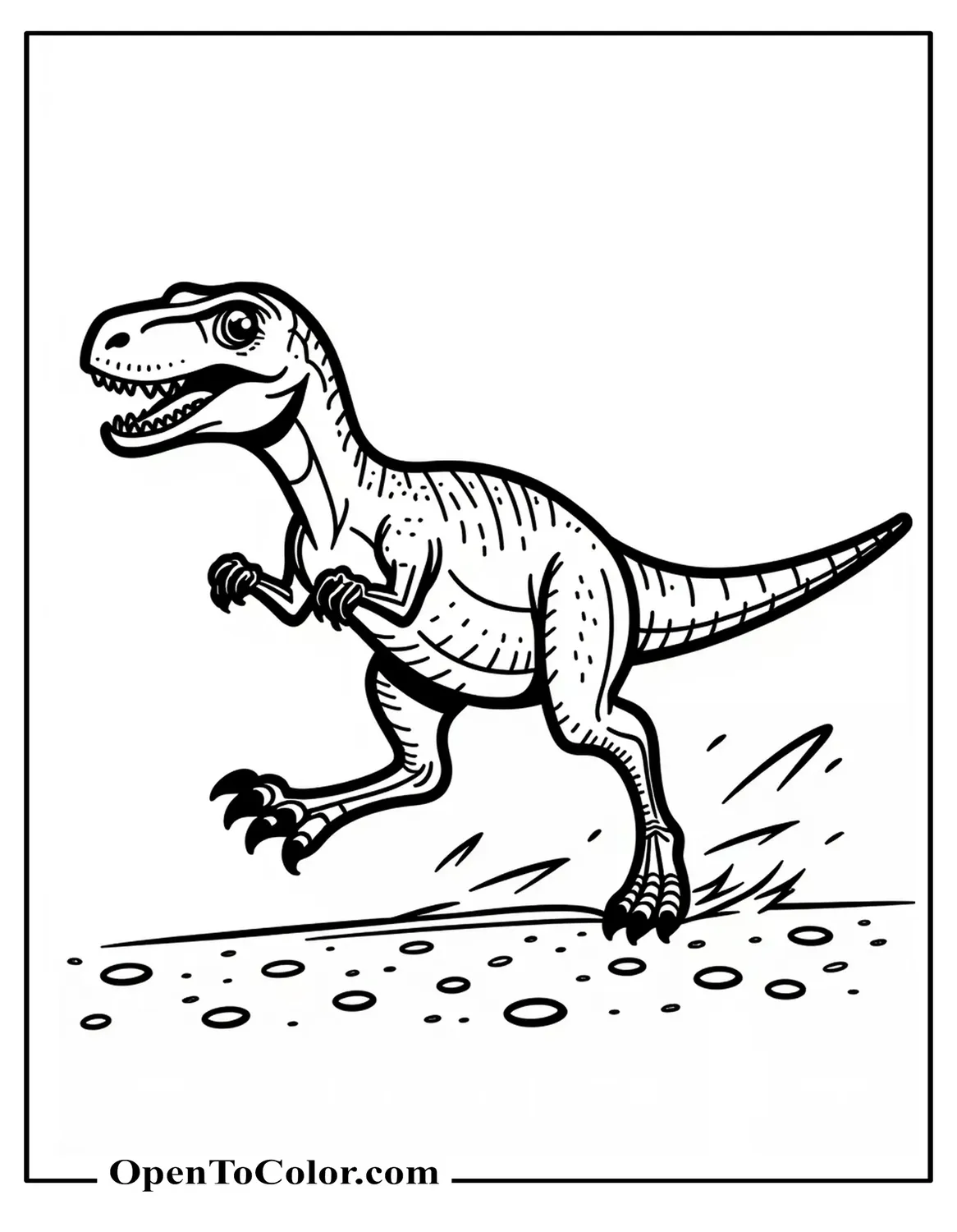 Printable Velociraptor coloring page sprinting across sandy ground with pebbles flying.