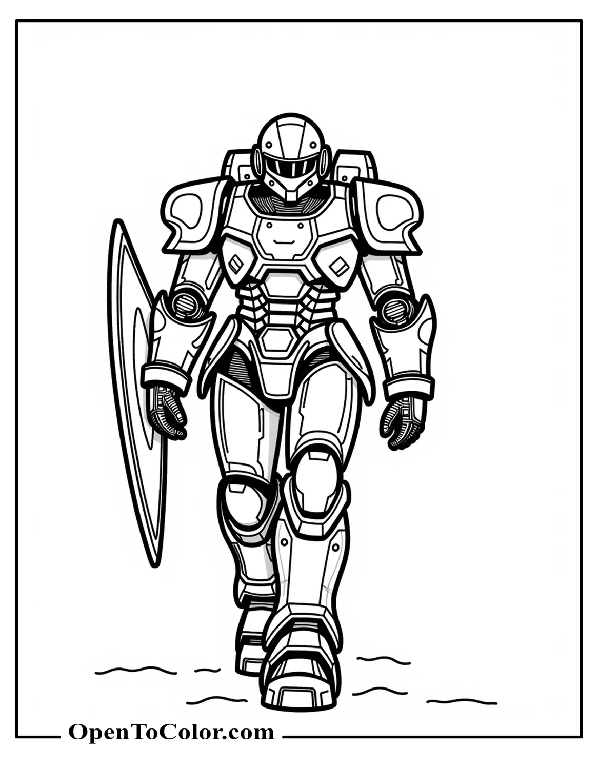 Armored War Robot Marching Forward Holding A Shield Coloring Page Printable