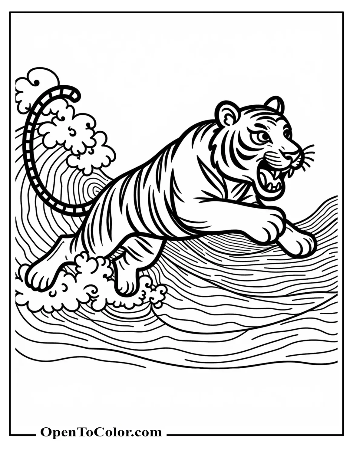 Water Tiger Leaping From Stylized Waves In Traditional Pattern Coloring Sheet PDF