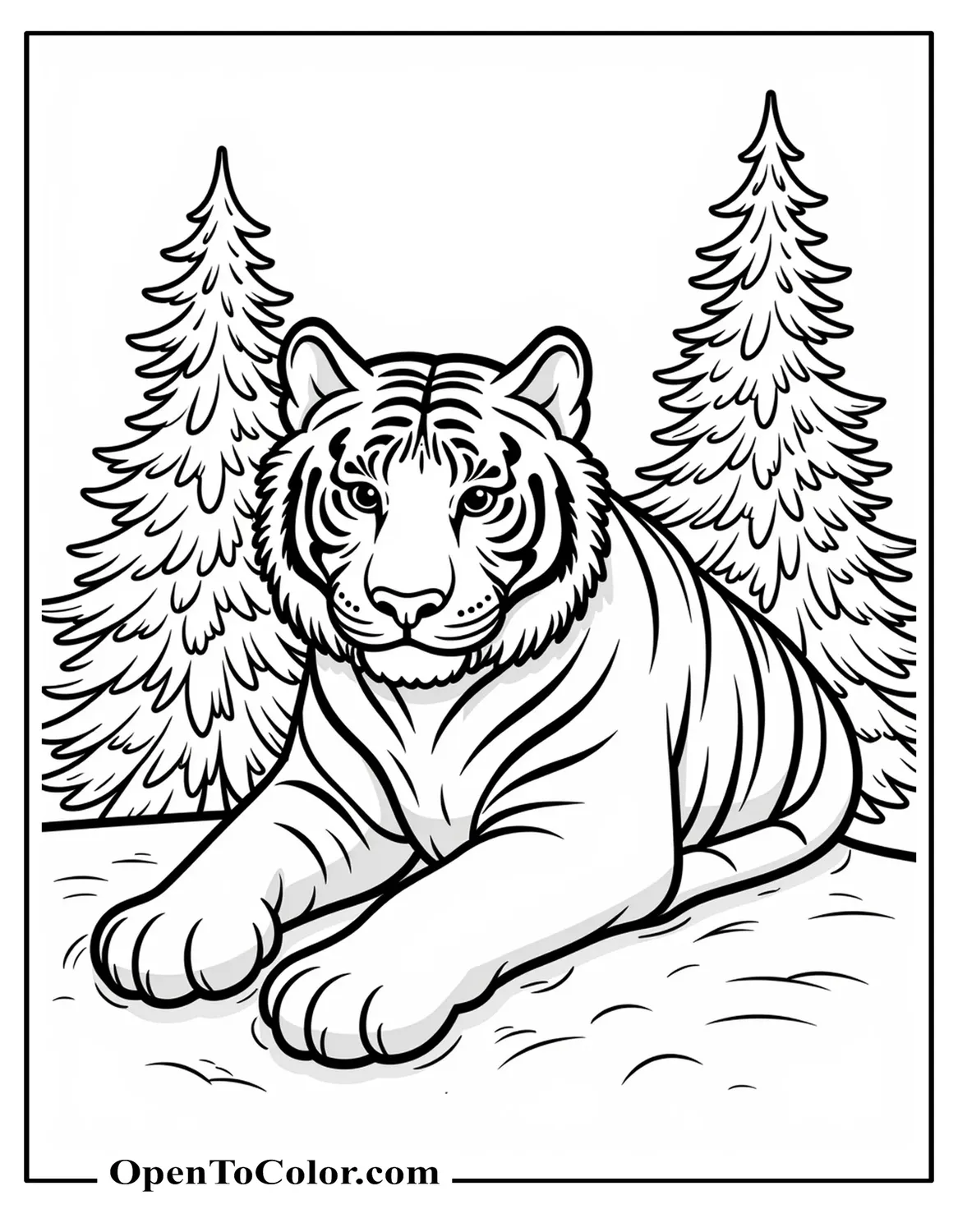 White Tiger Coloring Sheet Resting On Snowy Ground With Pine Trees Behind, PDF