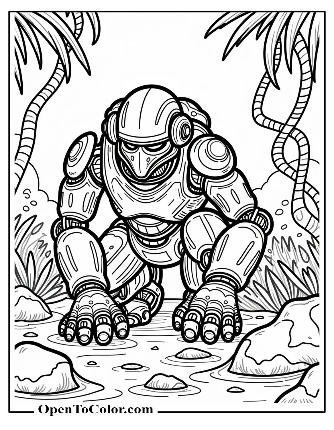 Printable coloring sheet of a rugged wild robot crouched among jungle vines and rocks.