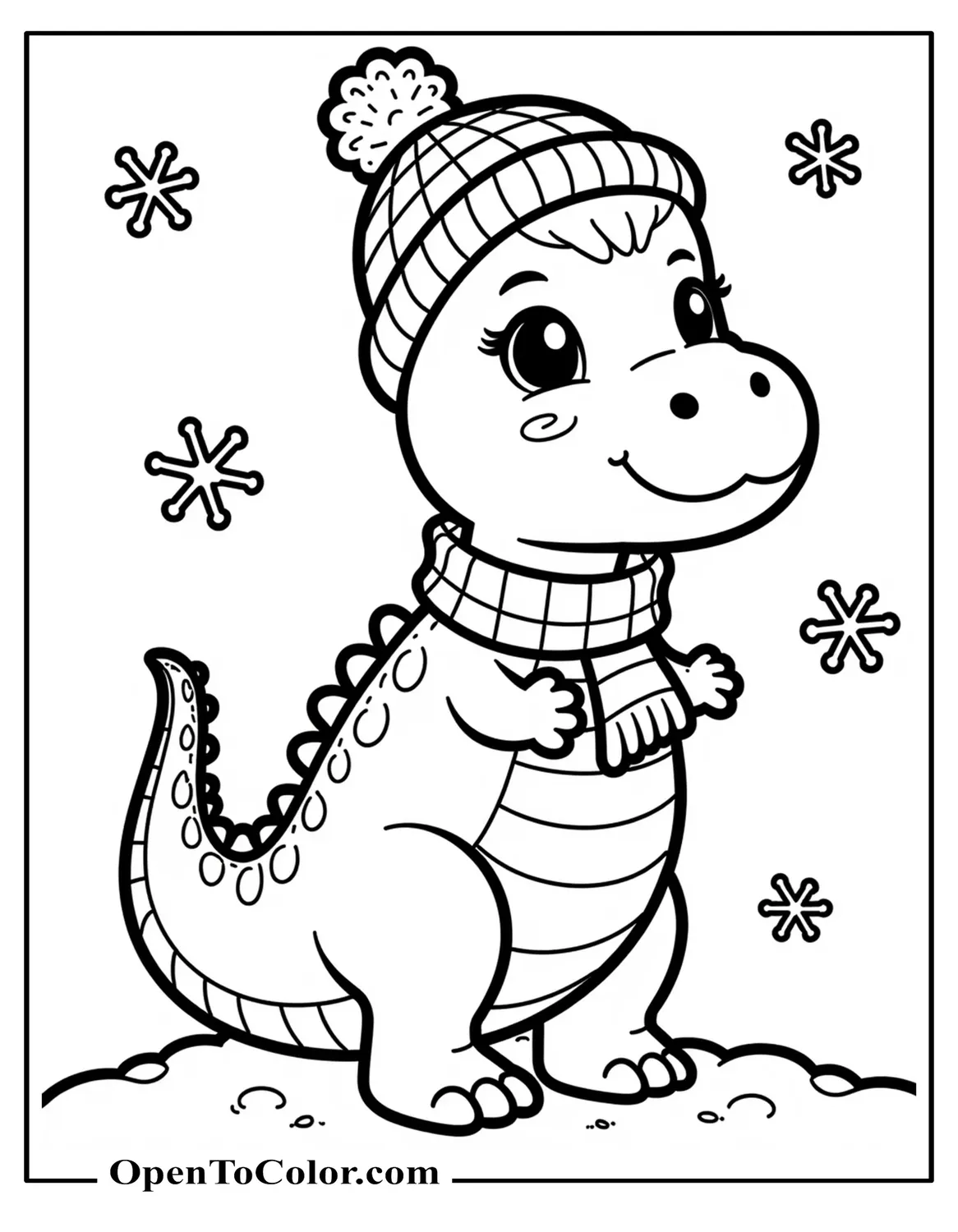 Printable Coloring Sheet of Dinosaur Wearing a Scarf and Beanie with Snowflakes Falling