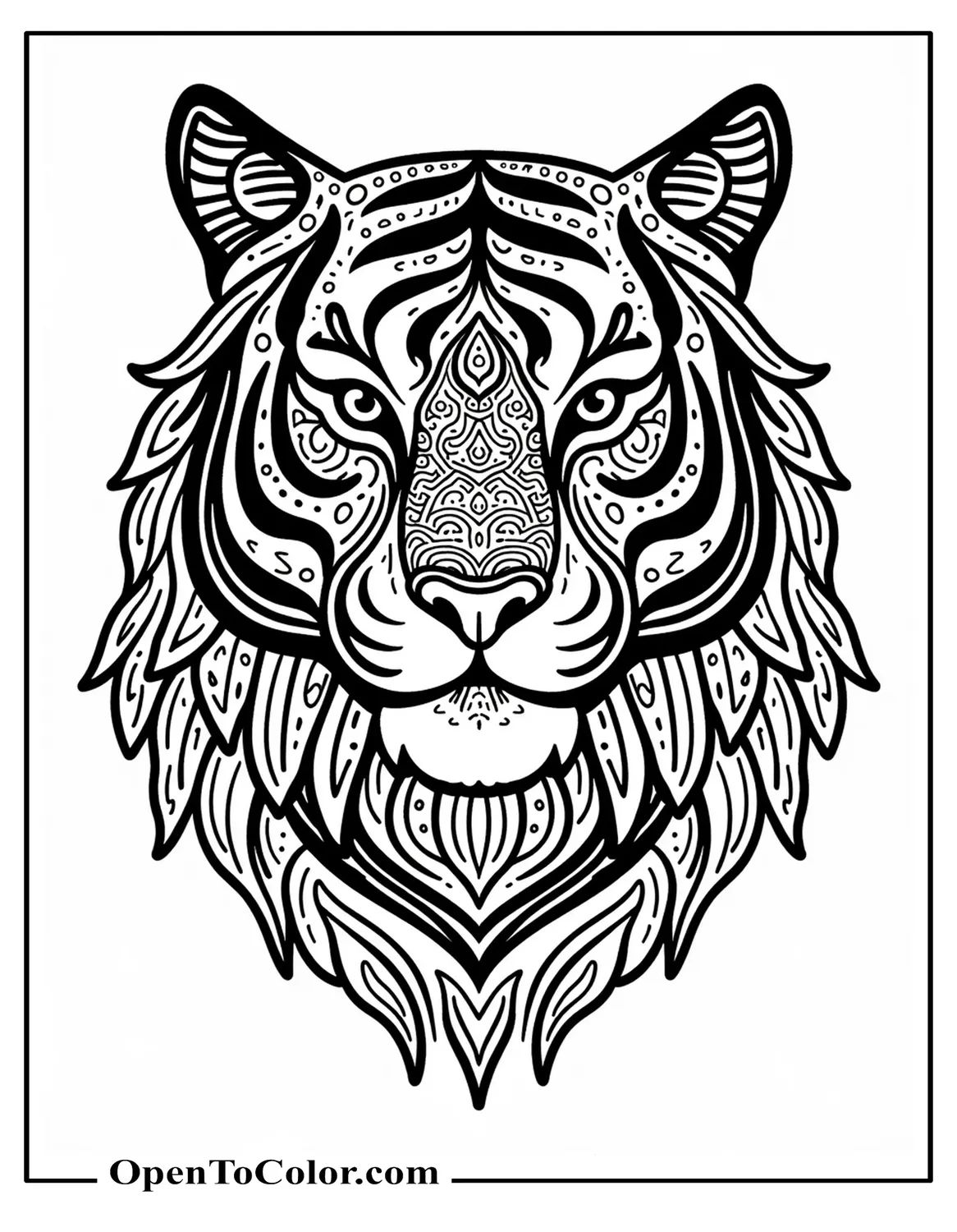 Zentangle Tiger Head Coloring Page PDF Filled With Repeating Swirl Patterns