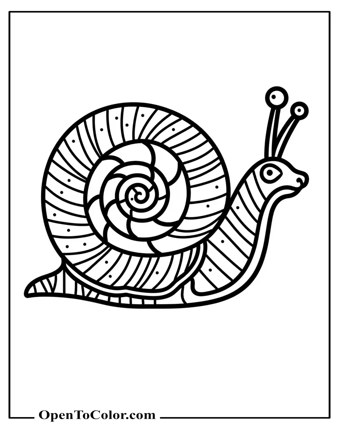 Abstract spiral snail coloring page built from geometric shapes stripes and dots PDF