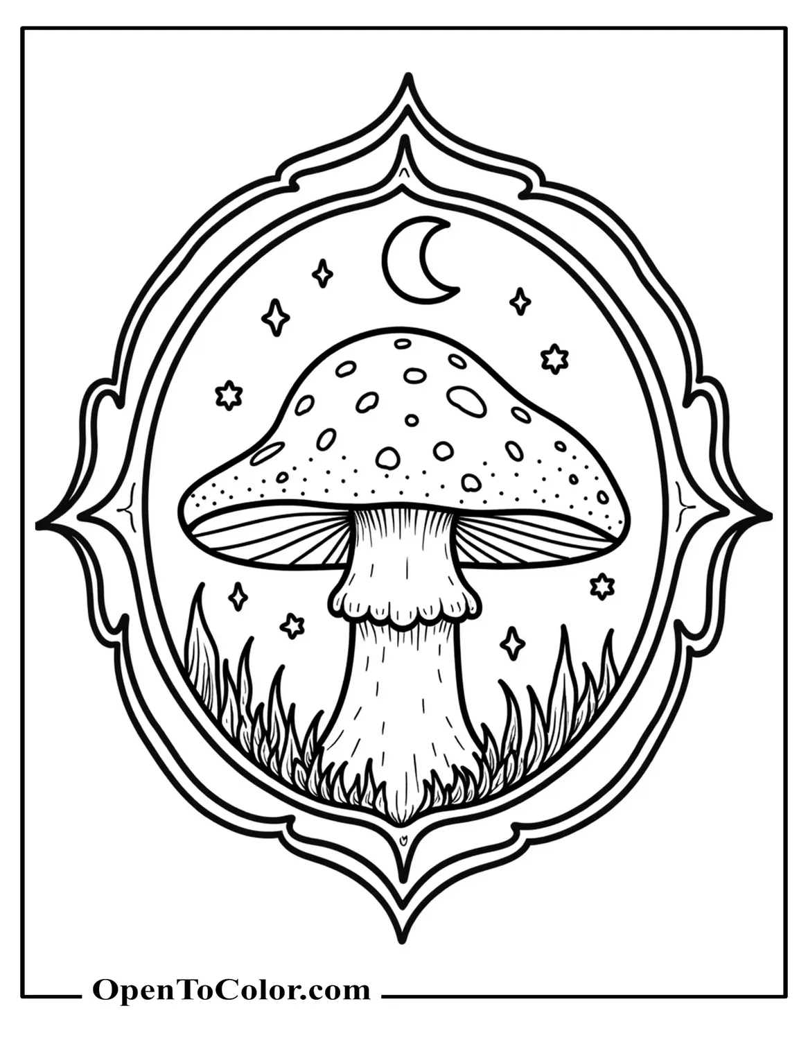 Aesthetic single mushroom centered inside a symmetrical frame with crescent moon and stars, printable coloring sheet.