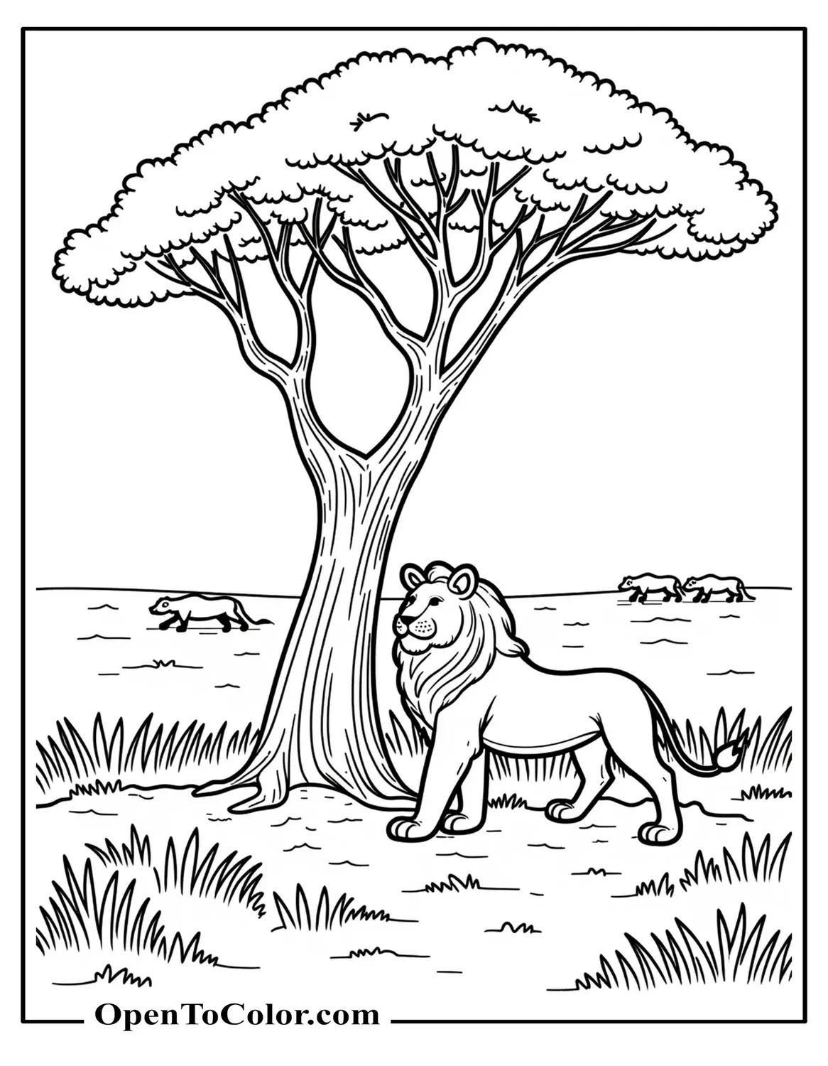 African Lion Coloring Sheet Under An Acacia Tree With Distant Herd Silhouettes PDF