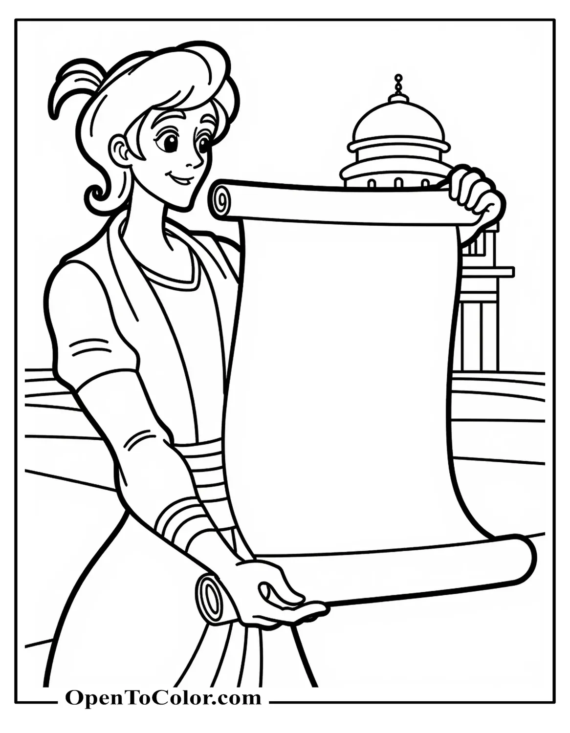 Printable Disney chibi style Aladdin coloring page smiling with oversized head, palace dome behind.